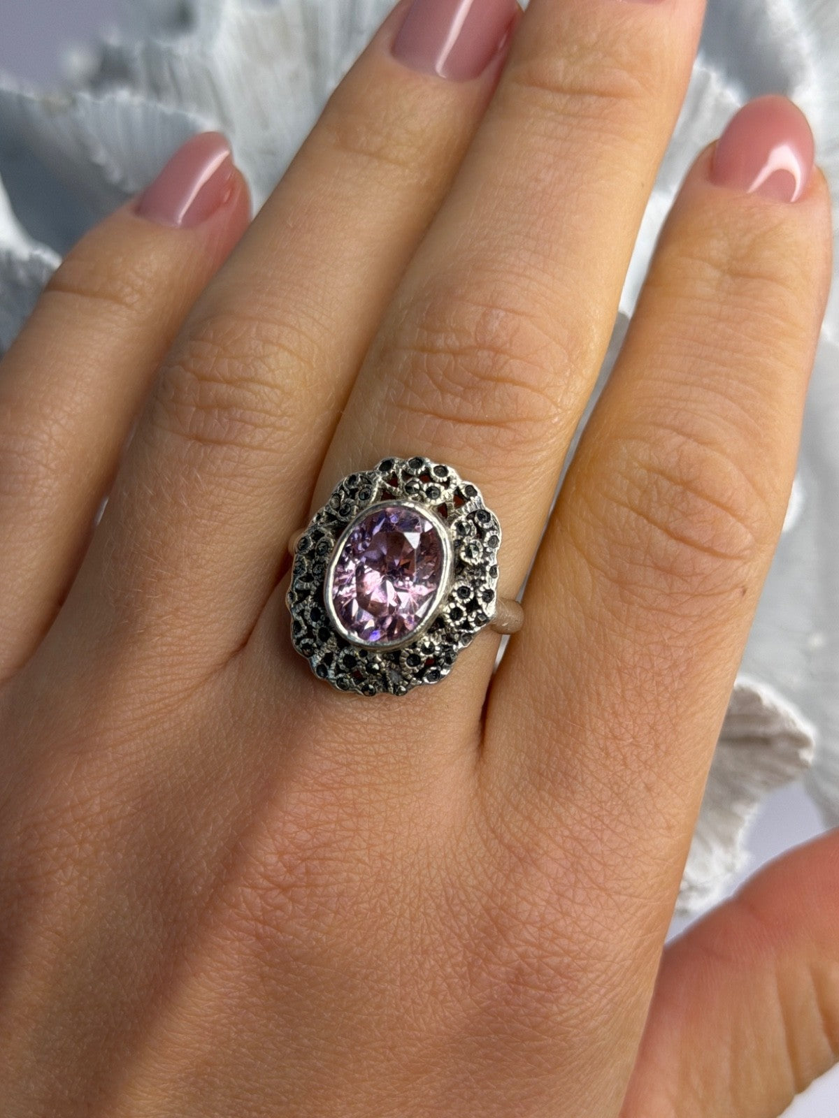 Vintage 925 Sterling Silver Morganite & Marcasite Ring Size 7