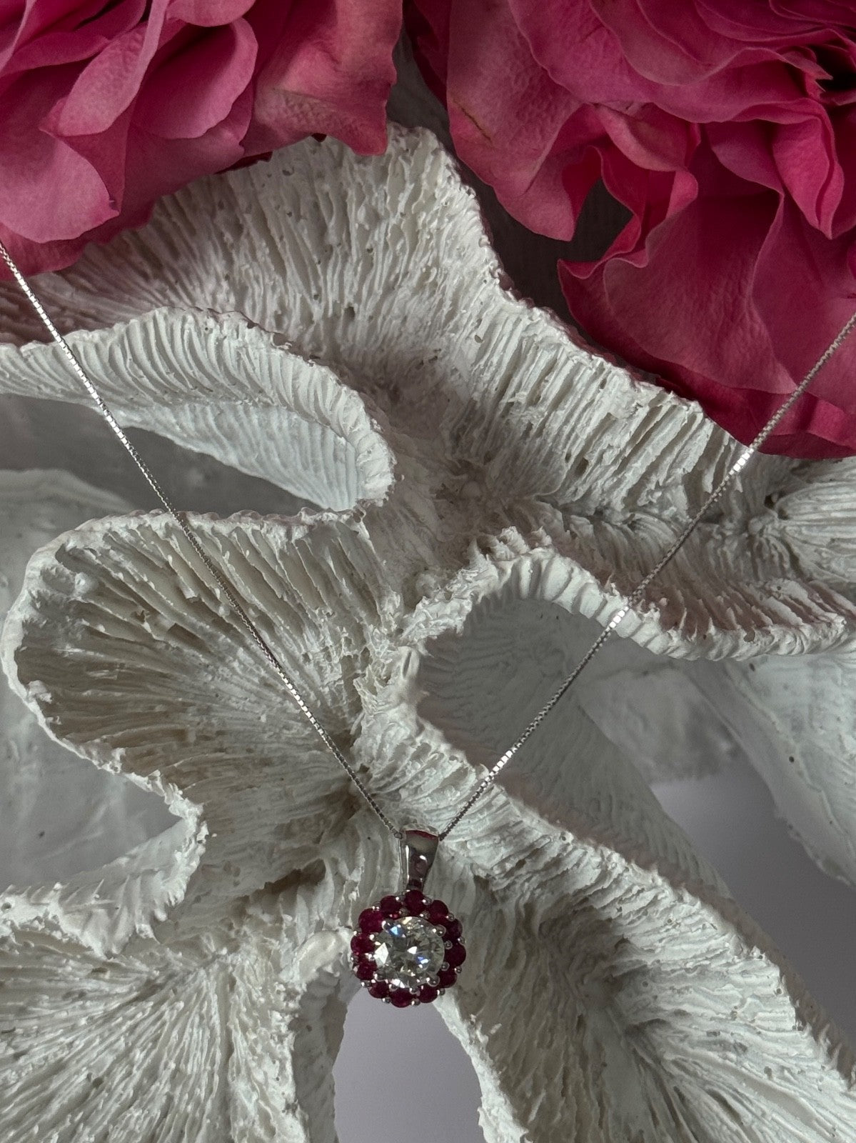 14K White Gold Diamond & Ruby Flower Necklace Length 18 inch
