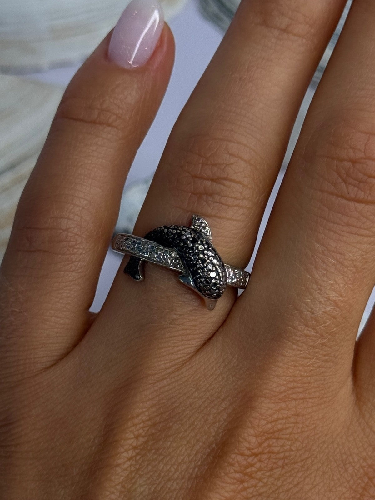 925 Sterling Silver Dolphin Diamond Ring Size 7