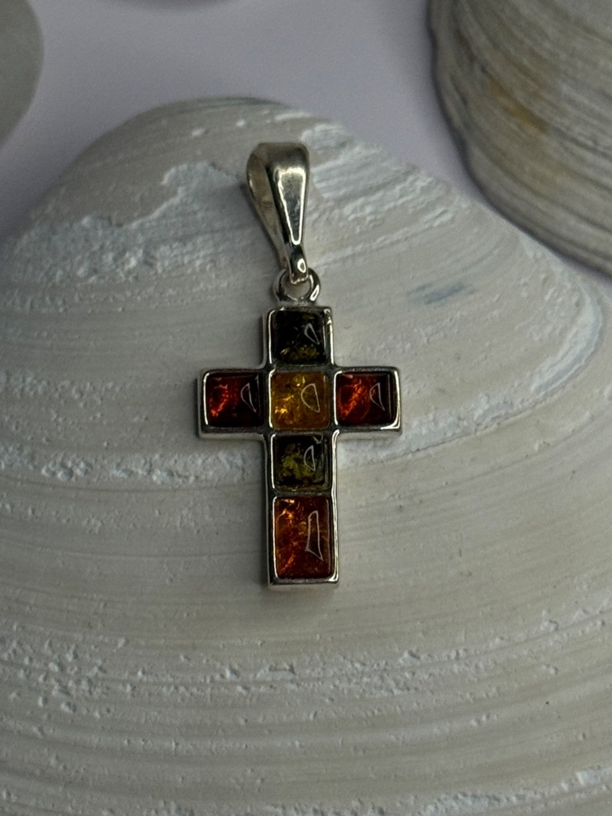 925 Sterling Silver Amber Cross Pendant Length 1.50 Inch