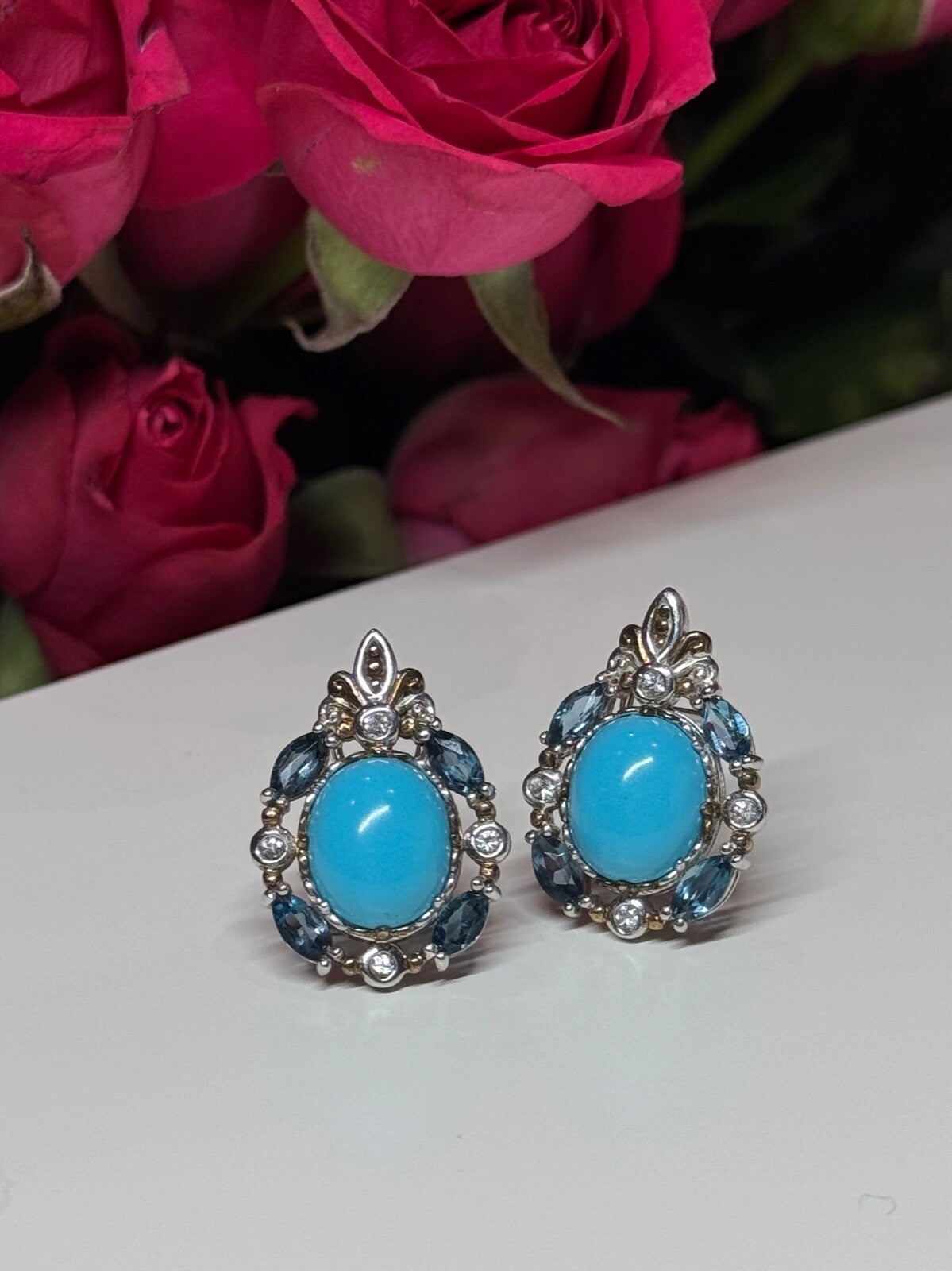 925 Sterling Silver Turquoise, Aquamarine & Beryl Earrings Length 1 Inch