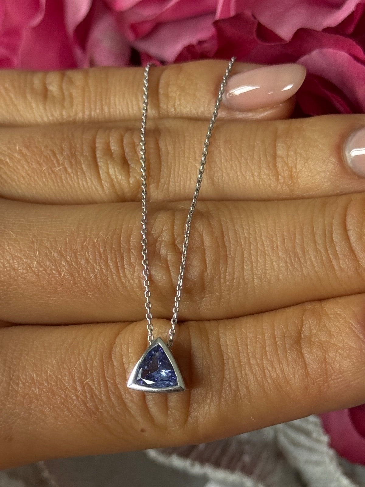 14K White Gold Tanzanite Trillion Necklace Length 18 inch