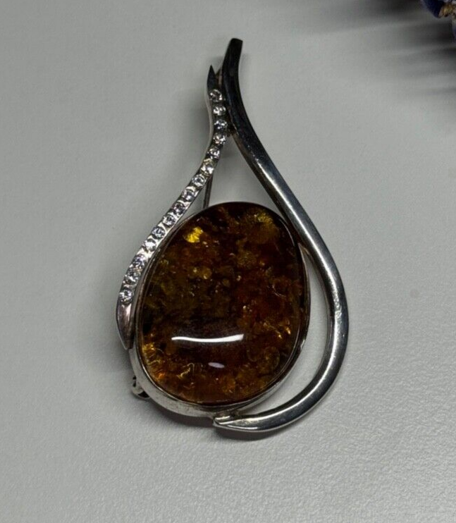 925 Sterling Silver Amber & CZ Brooch