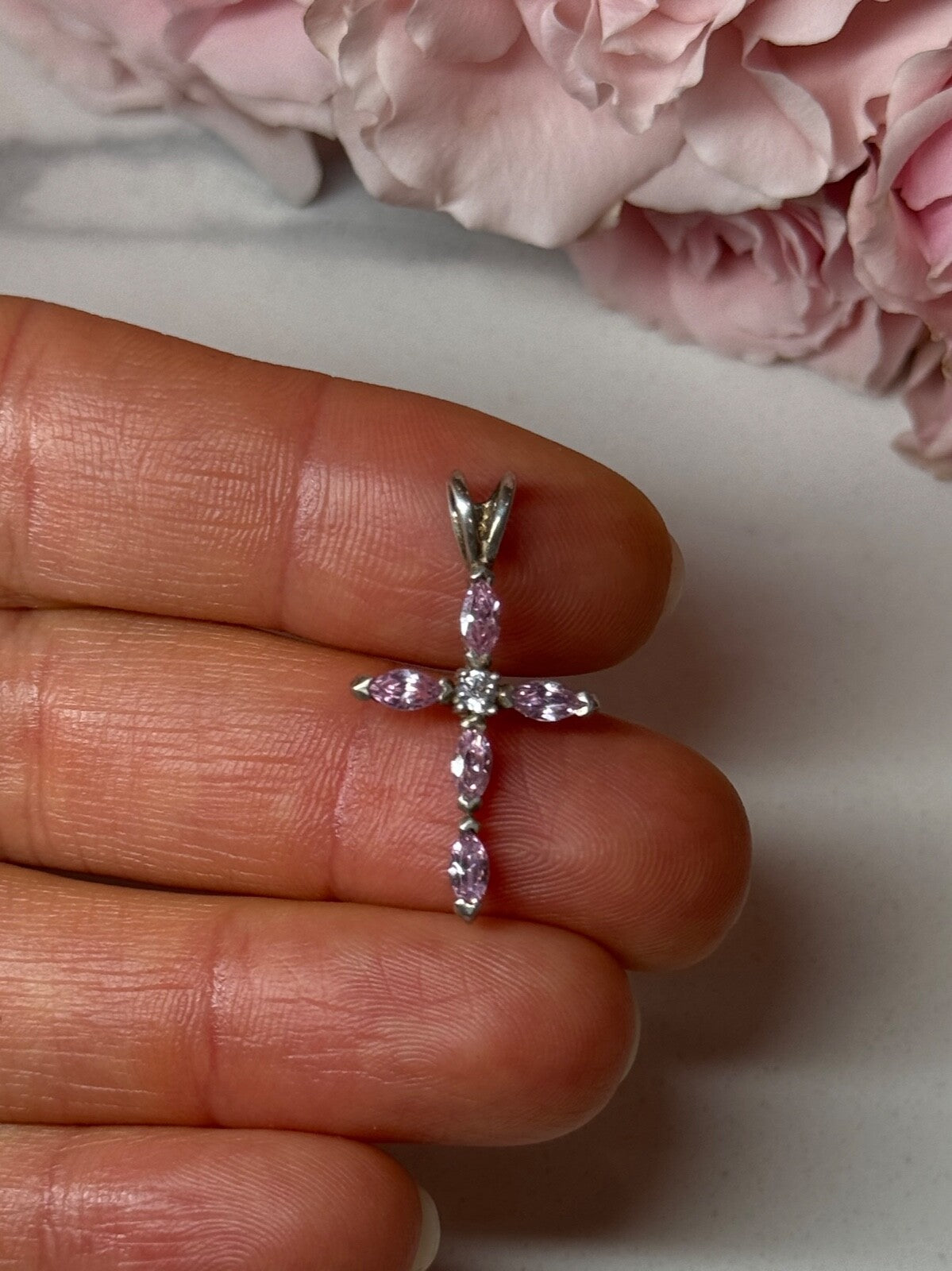 925 Sterling Silver Morganite & CZ Cross Length 1.1 In