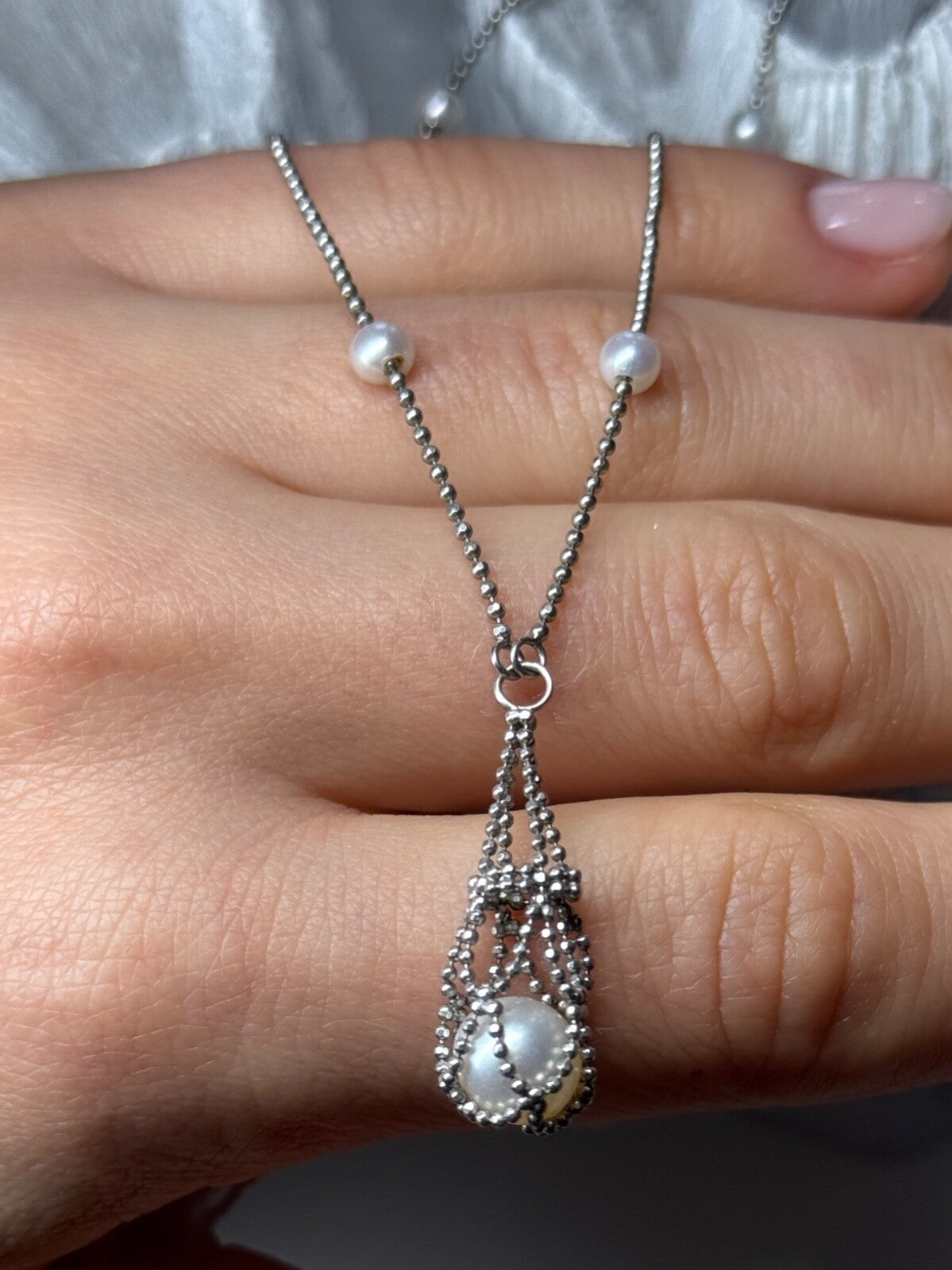 925 Sterling Silver Pearls Necklace Length 18 Inch Elegant