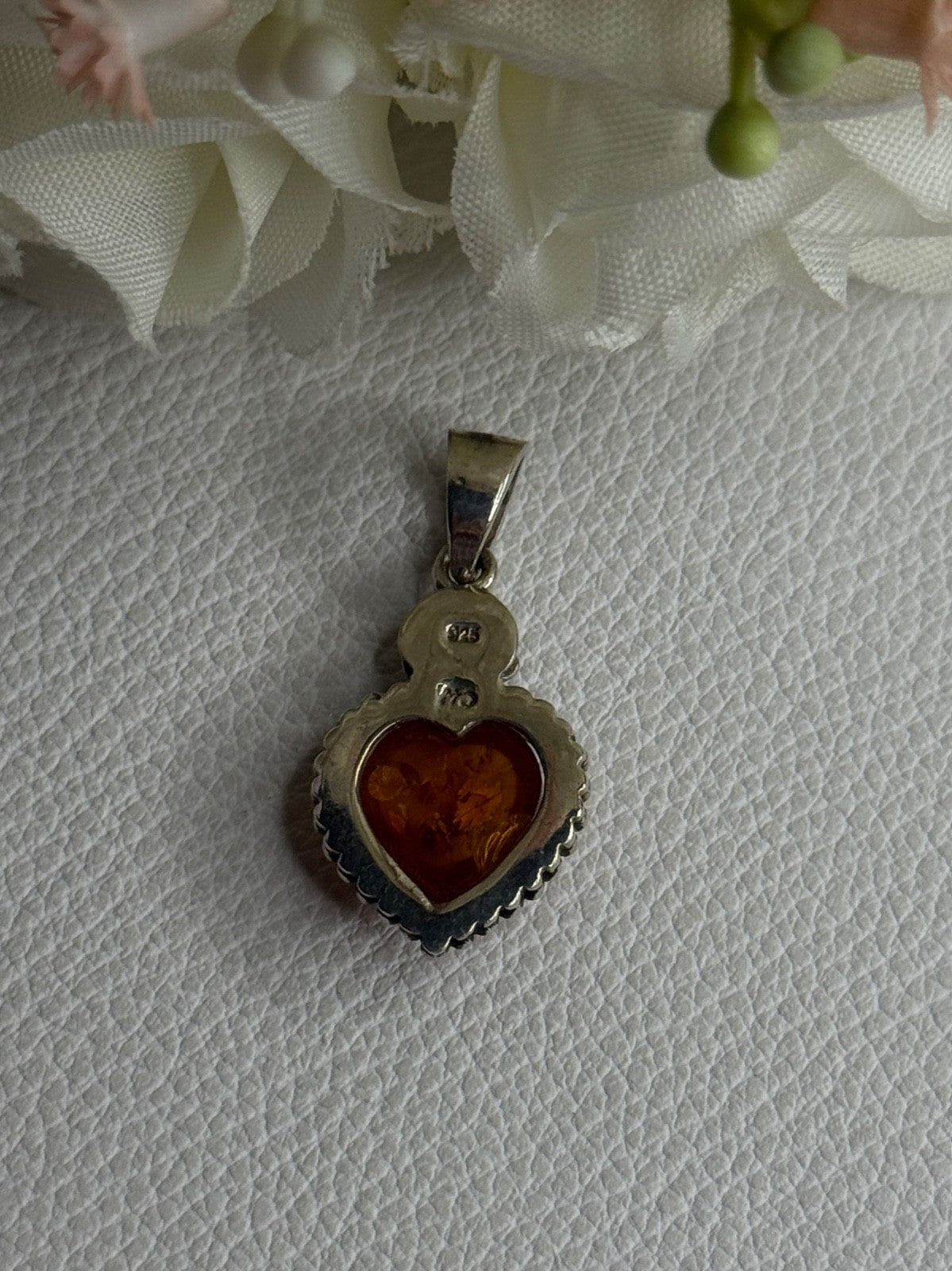 925 Sterling Silver Amber Heart & Flower Pendant Length 1.15 Inch