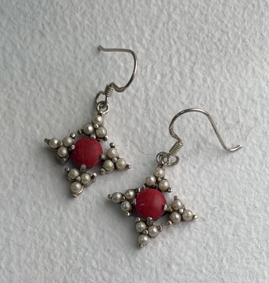 Vintage 925 Sterling Silver Red Coral & Pearls Dangle Earrings