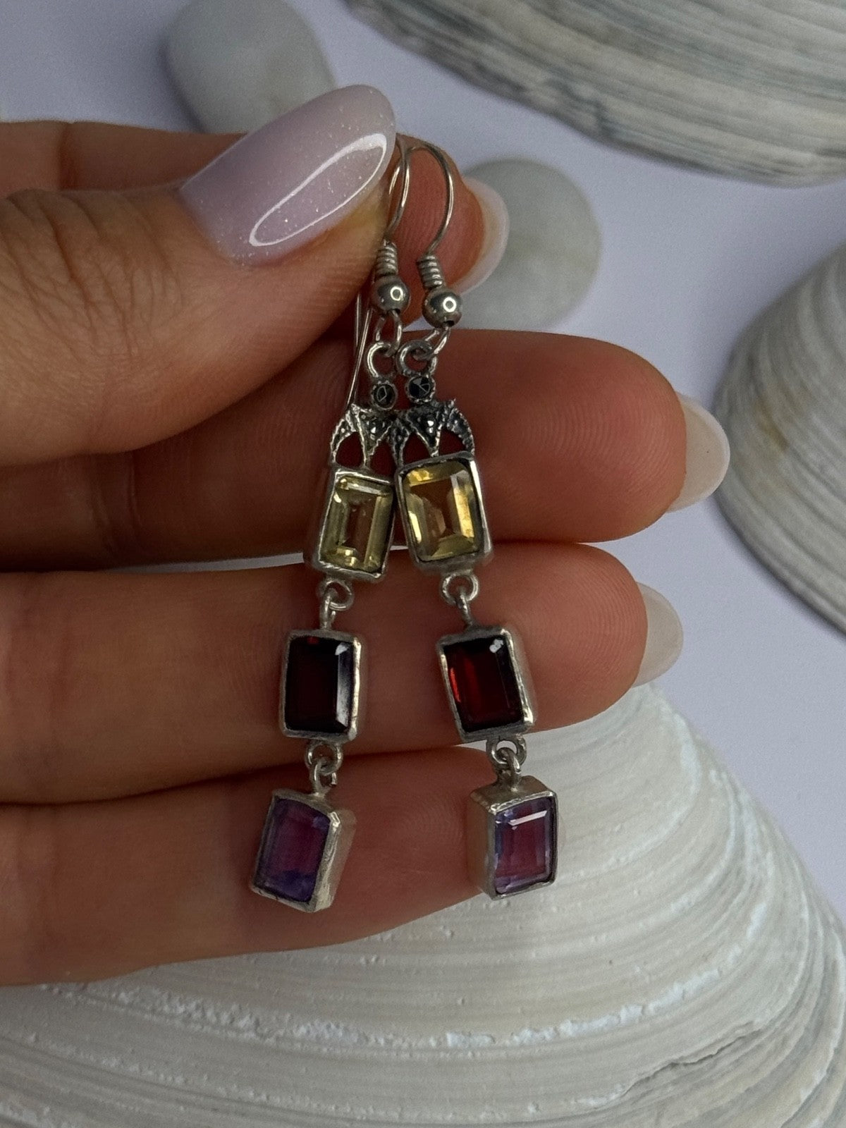 925 Sterling Silver Amethyst & Garnet & Citrine Earrings Length 2.30 Inch