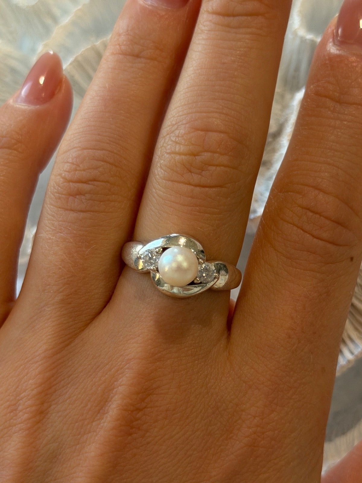 925 Sterling Silver Pearl & Cz Ring Size 8.5