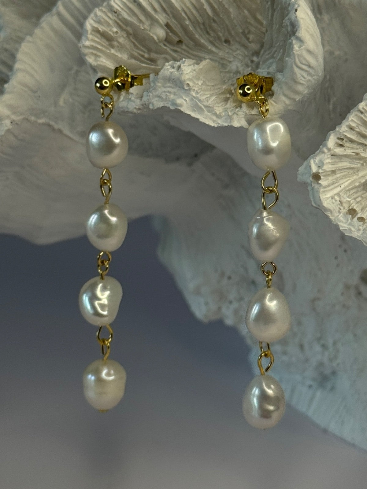 925 Sterling Silver Gold Plated Pearl Earrings Length 2.30 Inch