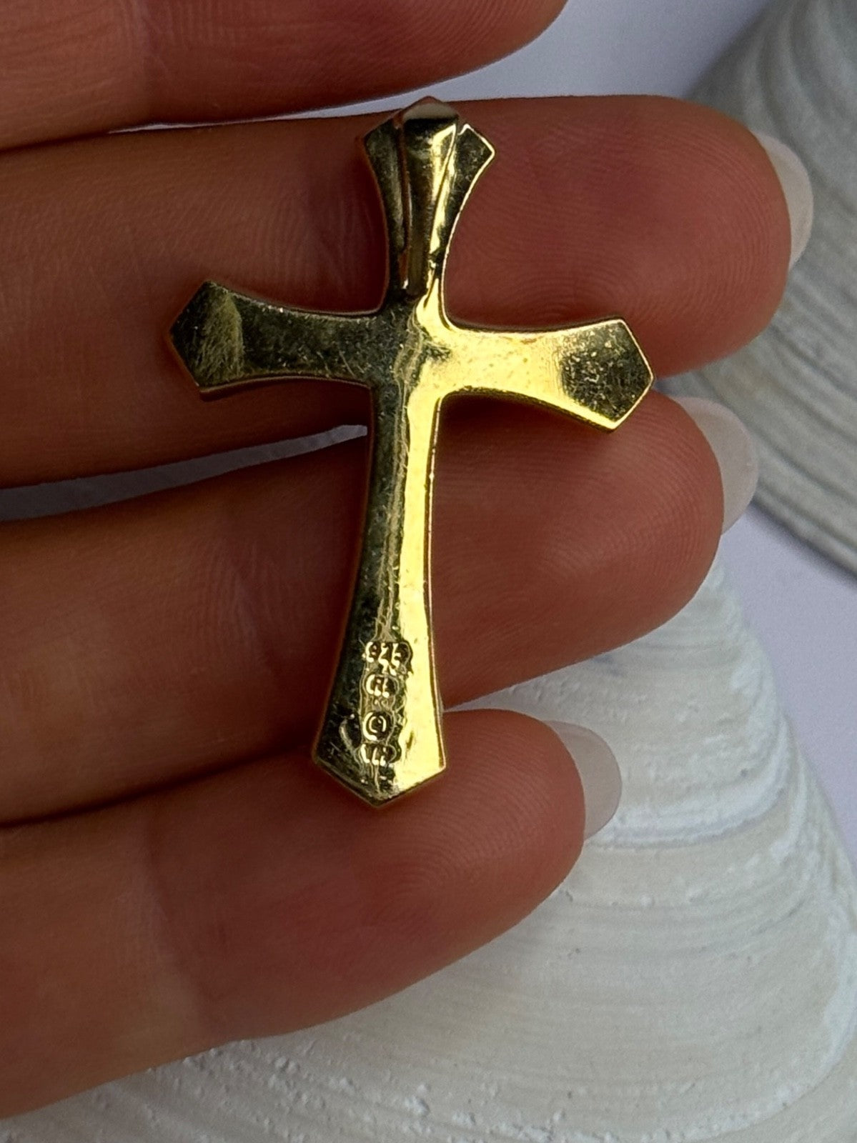925 Sterling Silver Gold Plated Cz Cross Pendant Length 1.45 Inch
