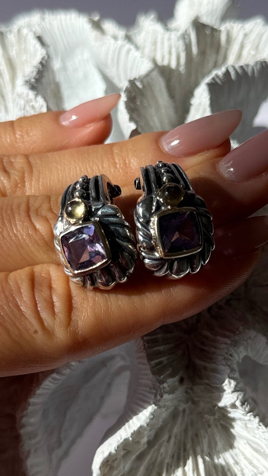 925 Sterling Silver Amethyst & Amber Clip Earrings