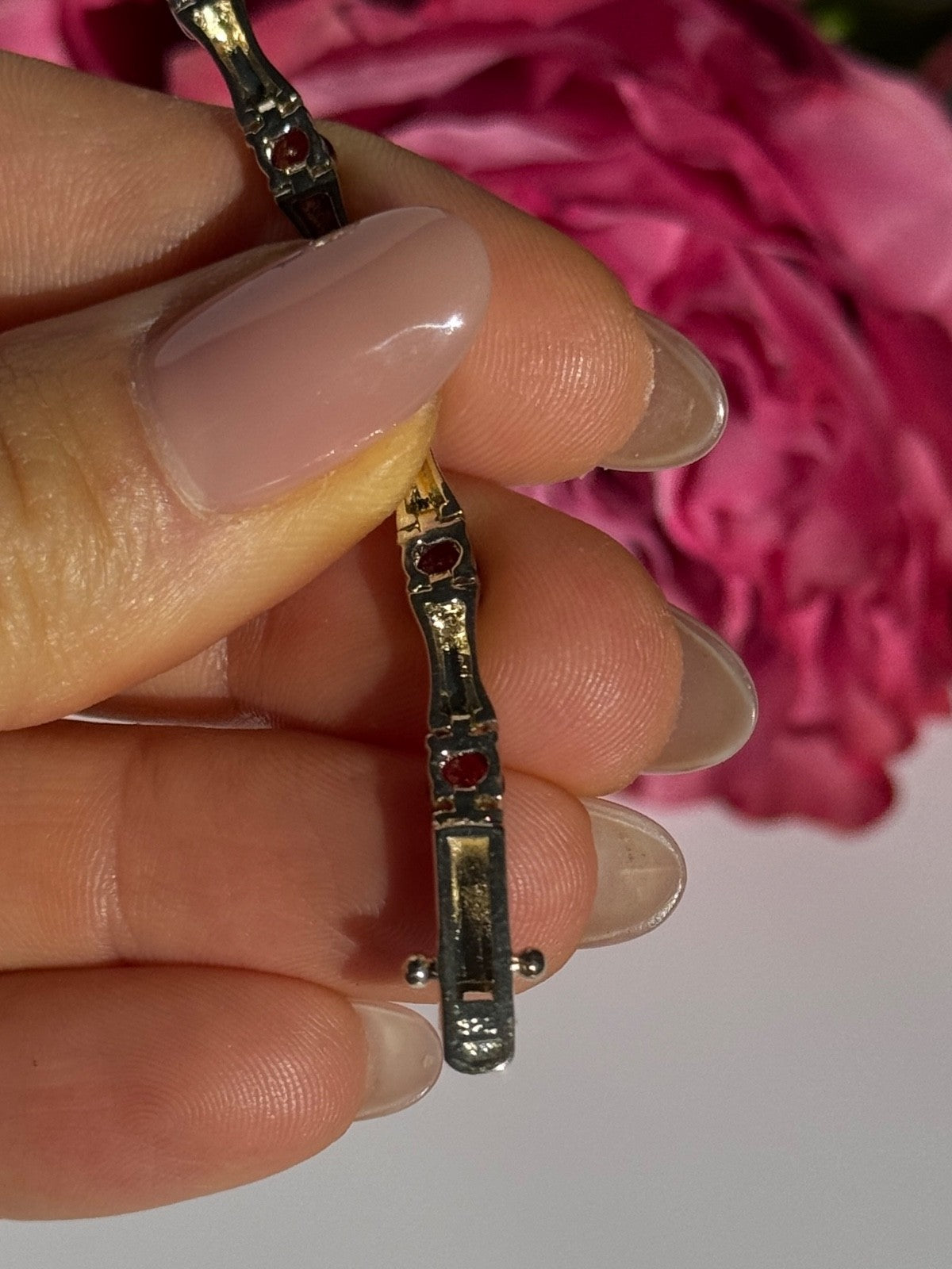 925 Sterling Silver Garnet Bracelet 7 Inch