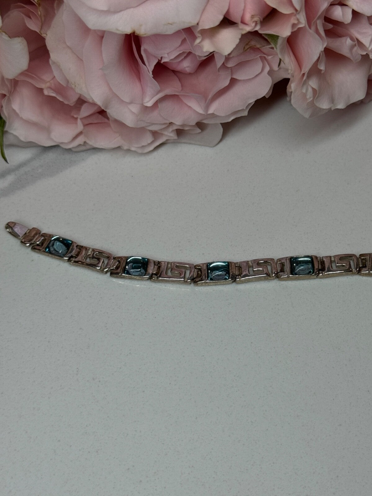 925 Sterling Silver Bracelet Aquamarine Length 7.5 in