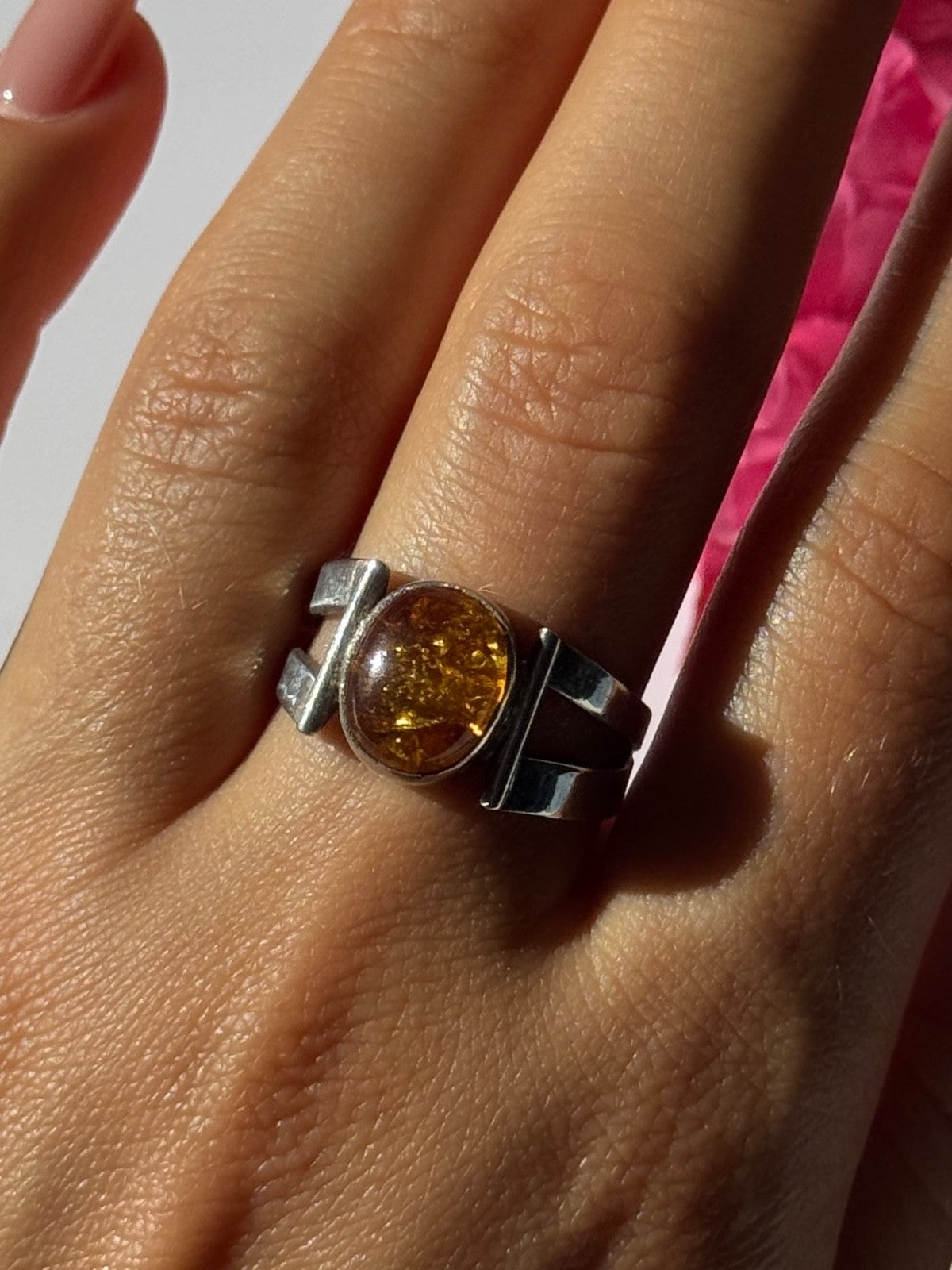 925 Sterling Silver Amber Ring Size 9.5