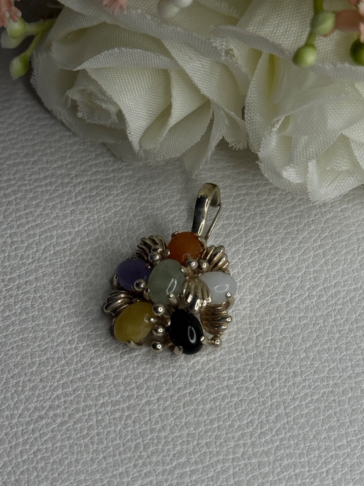 925 Sterling Silver Multi Color Jade Pendant Length 1.20 Inch