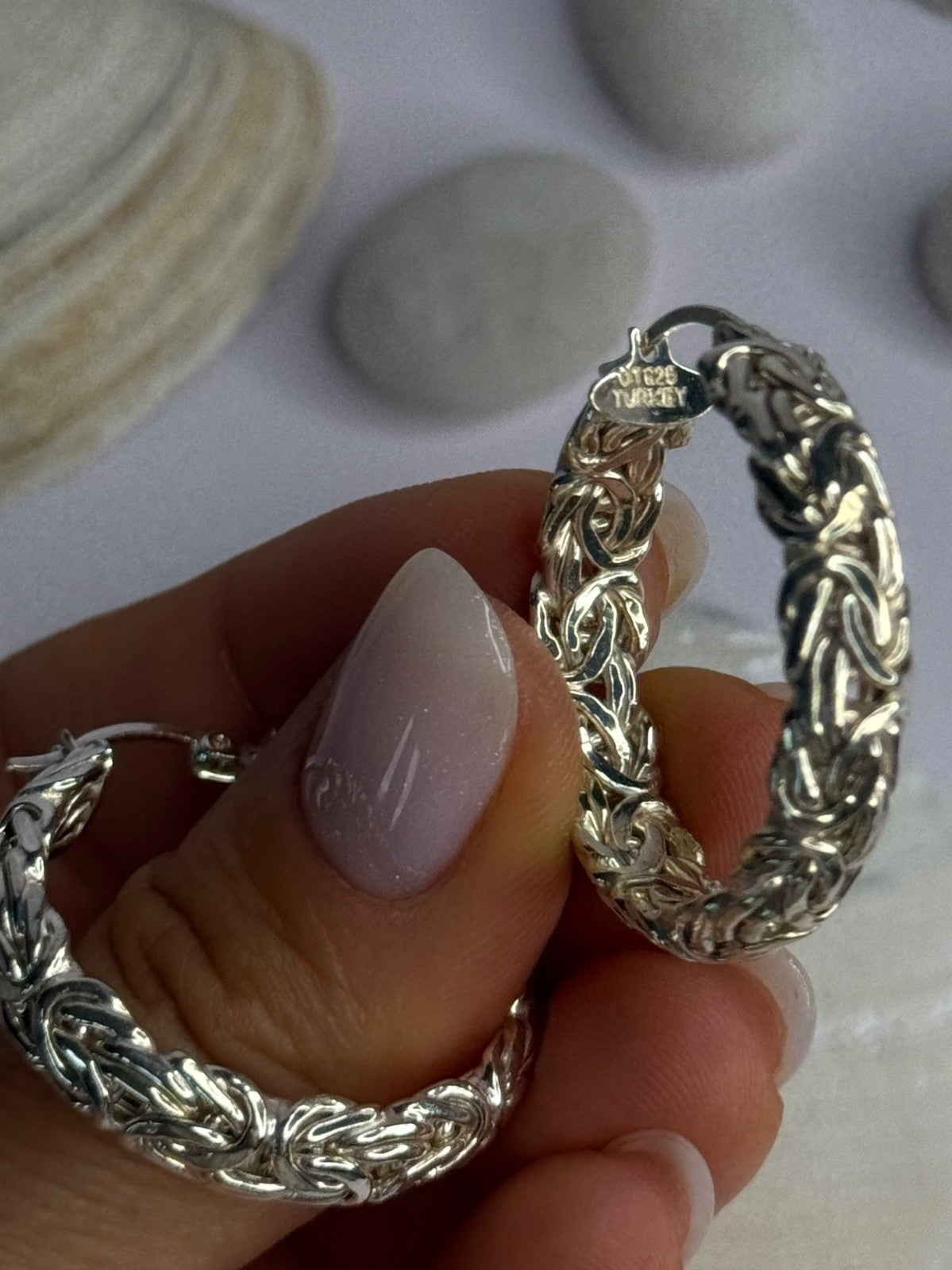 Beautiful Design 925 Sterling Silver Hoop Earrings Length 1.30 Inch