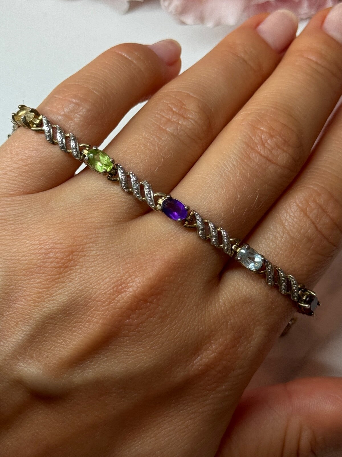 925 Sterling Silver Amethyst Topaz Garnet Citrine Peridot Bracelet Length 7.5
