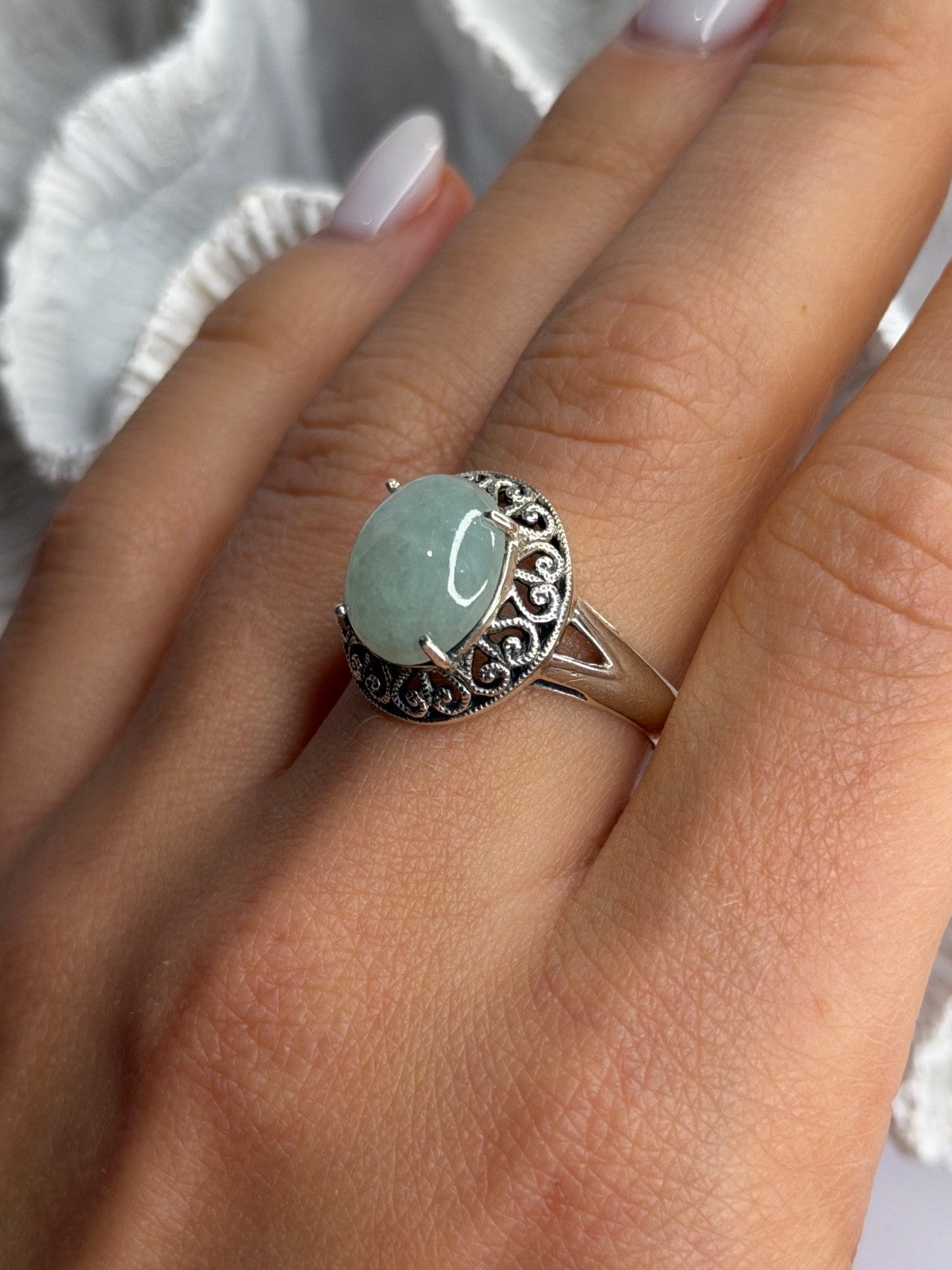 925 Sterling Silver Jadeite Ring Size 9