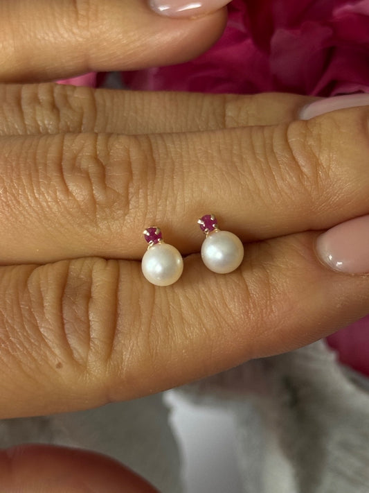 14K Yellow Gold Pearl & Ruby Stud Earrings