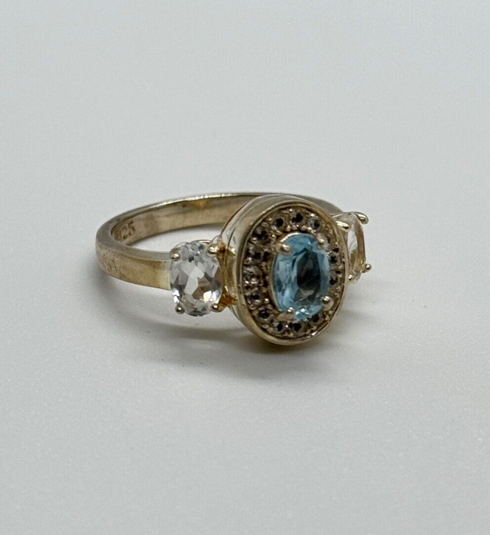 925 Sterling Silver Blue & White Topaz Ring Size 7.5