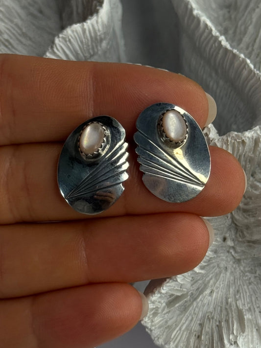 Vintage 925 Sterling Silver Pink Abalone Earrings Length 0.80 Inch