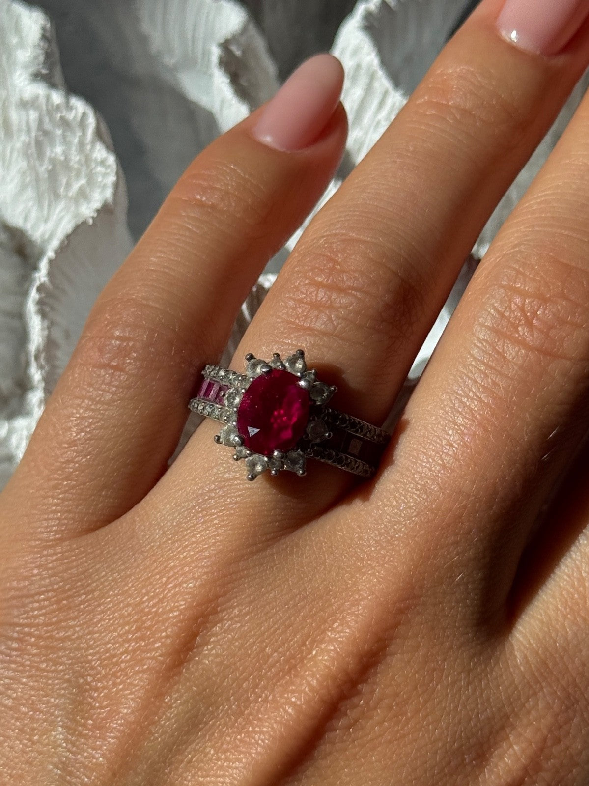 925 Sterling Silver Ruby & Beryl Flower Ring Size 7