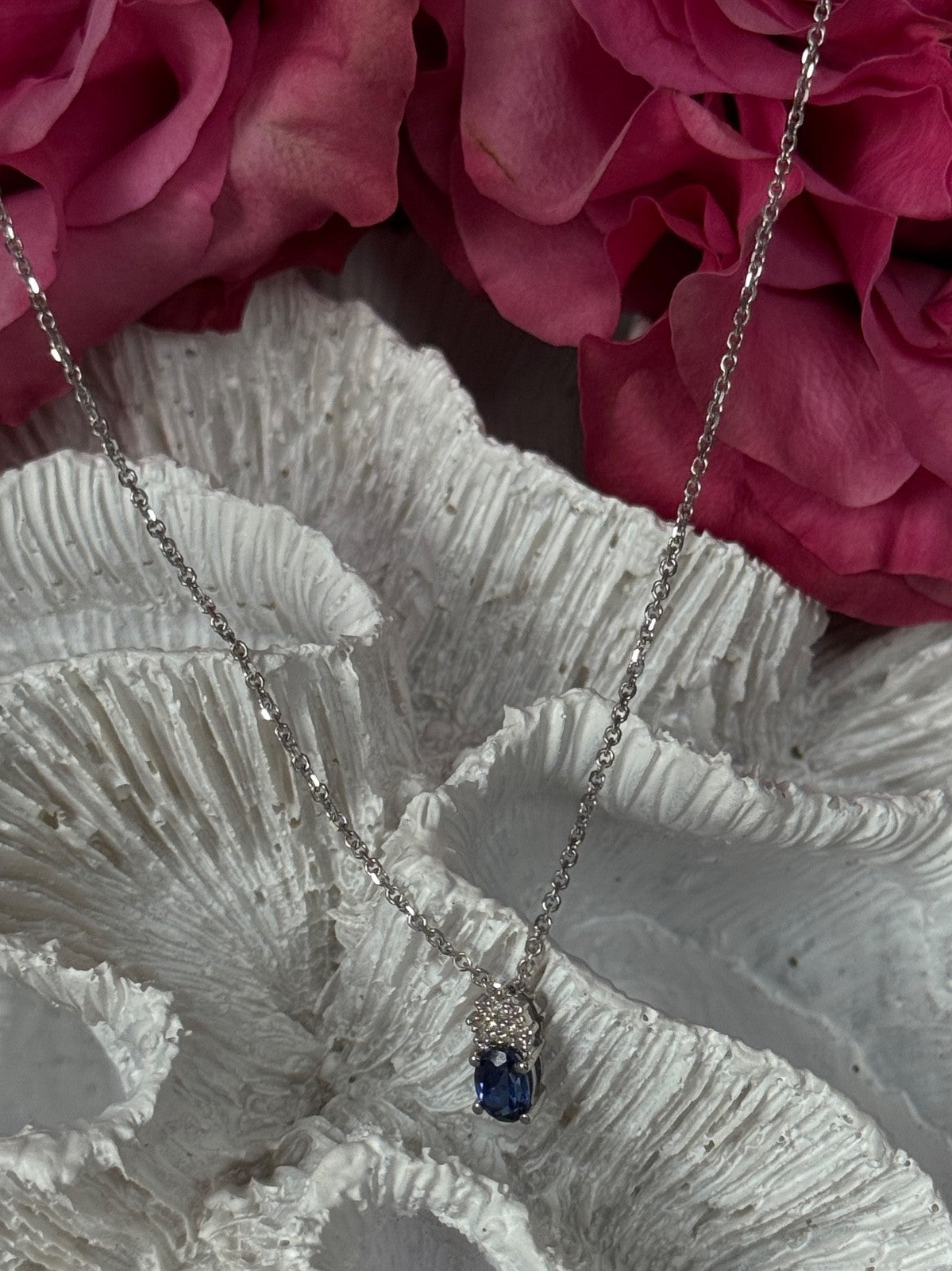 14K White Gold Chain & 10K White Gold Pendant Sapphire & Diamond