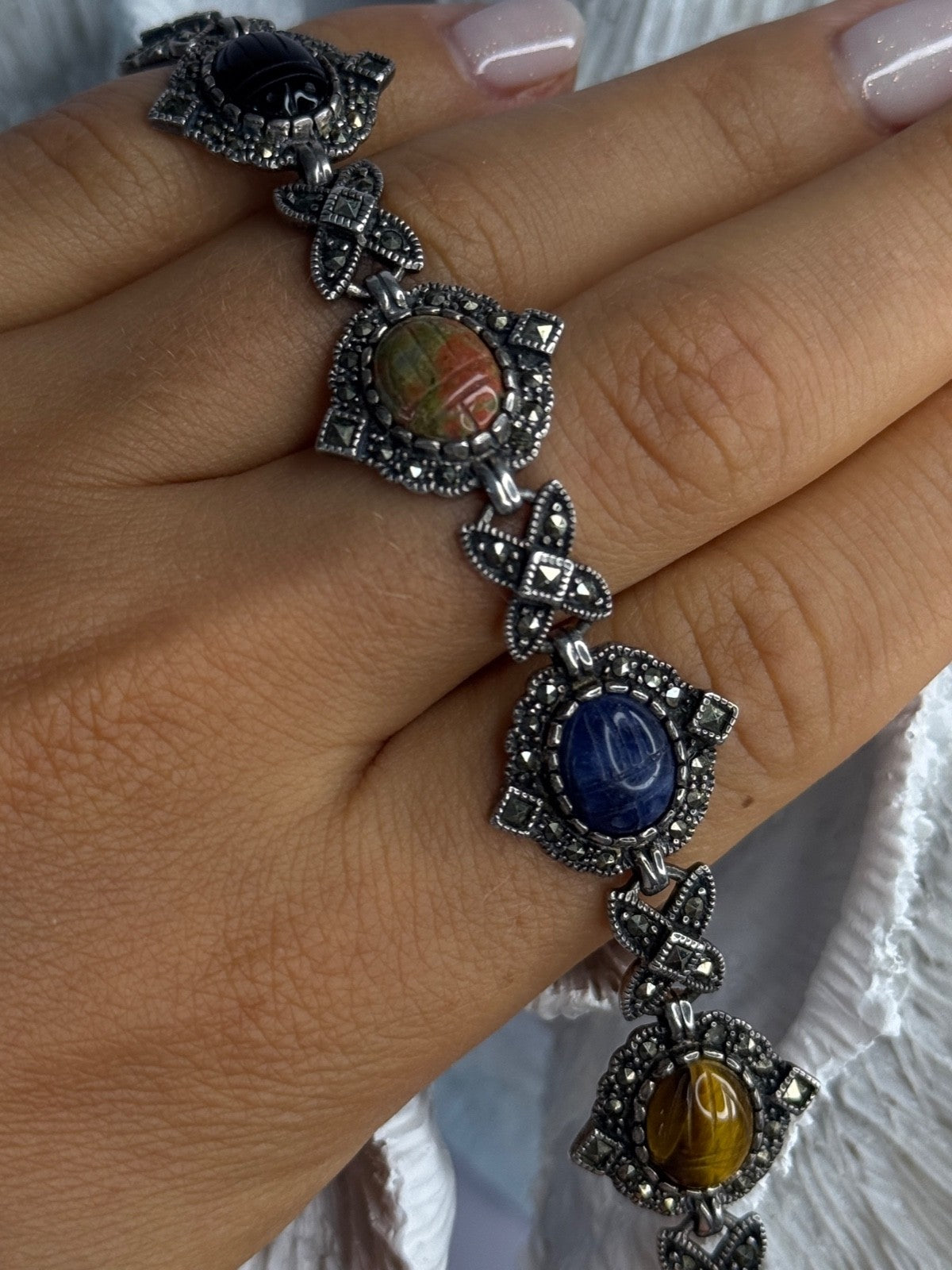 Vintage 925 Sterling Silver Multi Color Stones Bracelet Lenght 8