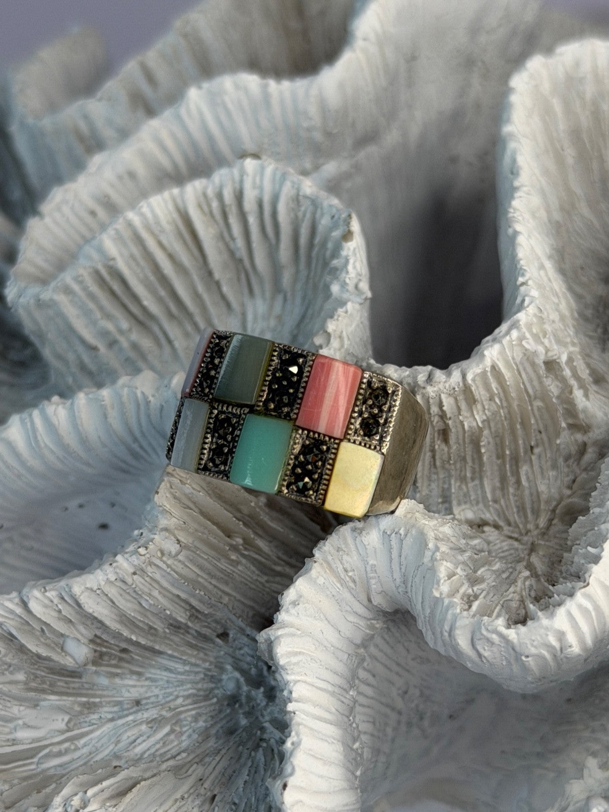925 Sterling Silver Abalone & Agate & Marcasite Ring Size 6.5