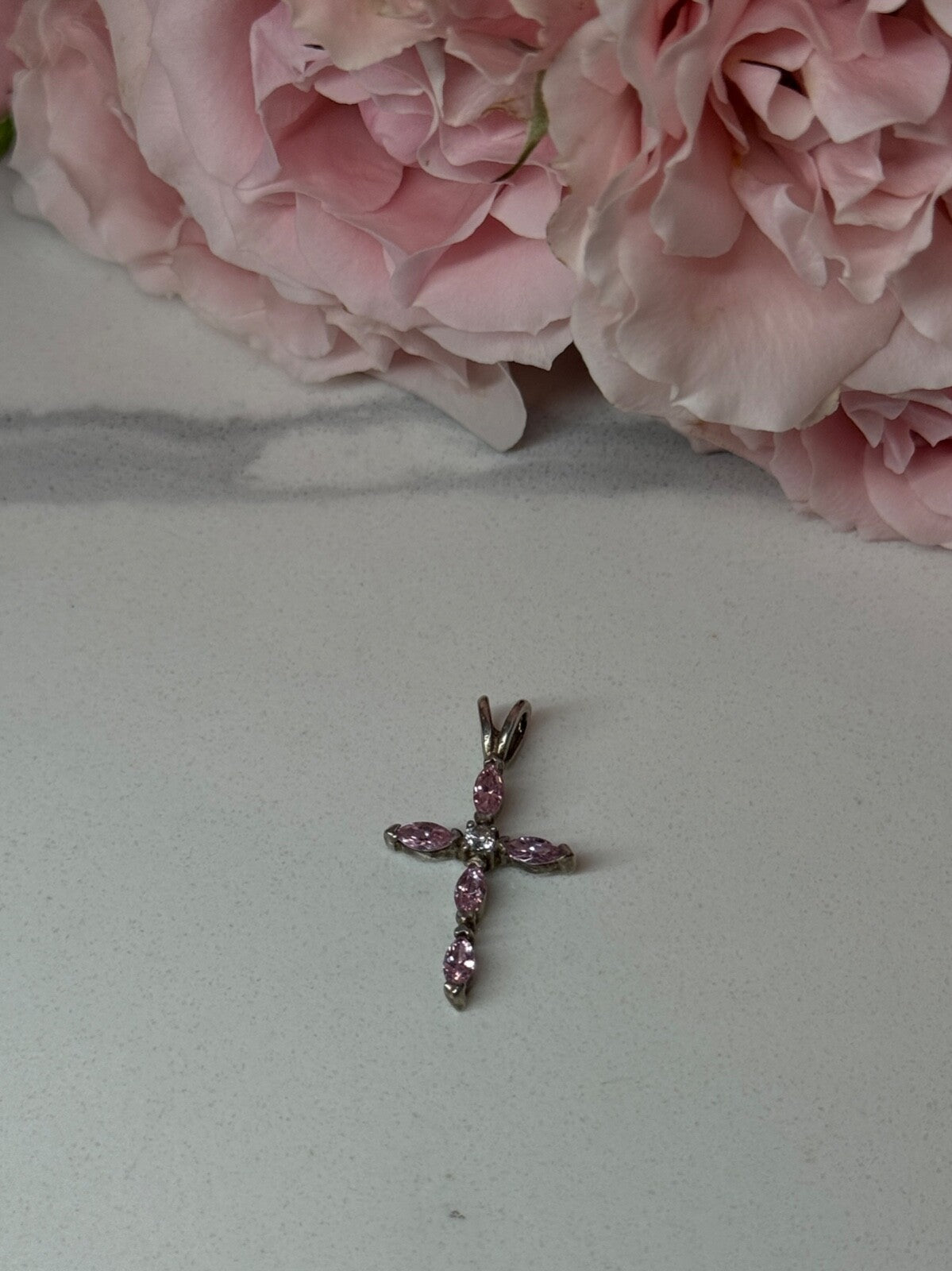 925 Sterling Silver Morganite & CZ Cross Length 1.1 In