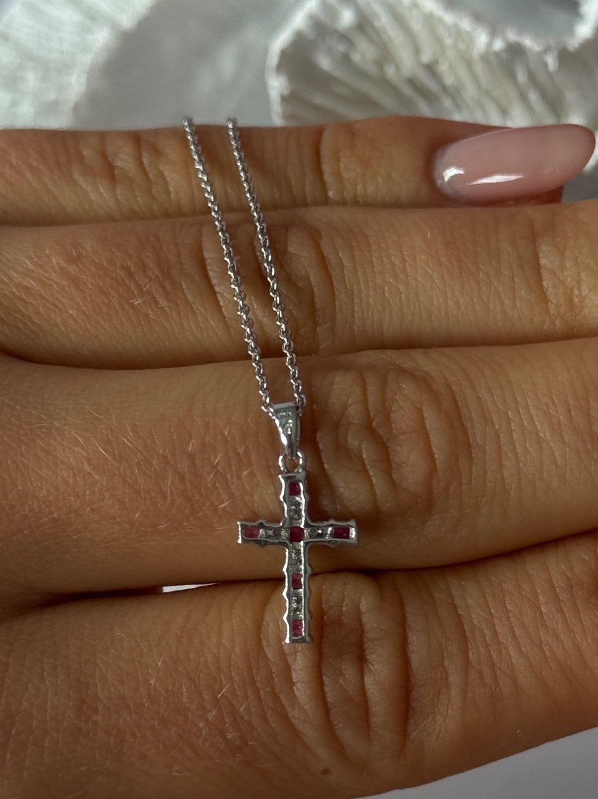 14K White Gold Cross/18K White Gold Chain Pink Sapphire & Diamond Cross Necklace
