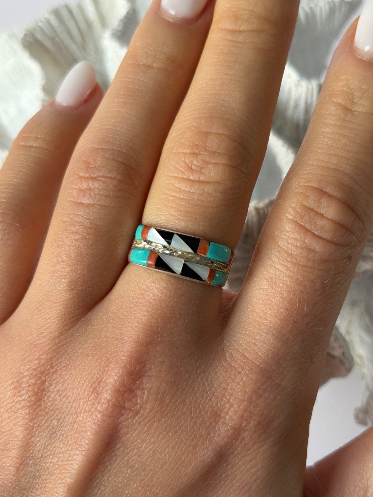 Zuni 925 Sterling Silver Multi-Stone Ring Size 8