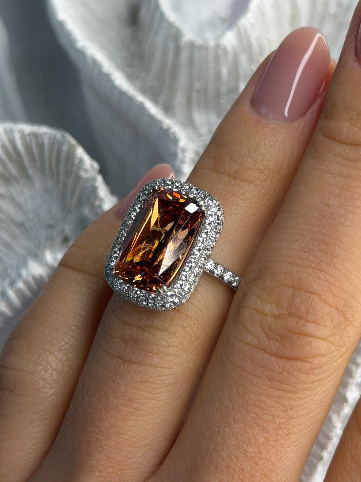 925 Sterling Silver Orange Crystal & Cz Ring Size 5