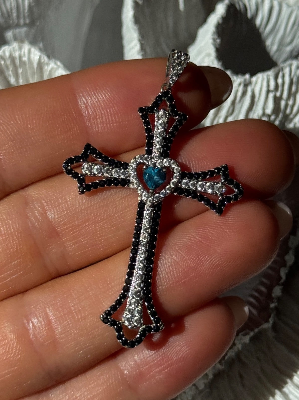 925 Sterling Silver Sapphire Beryl Topaz Heart Pendant Cross