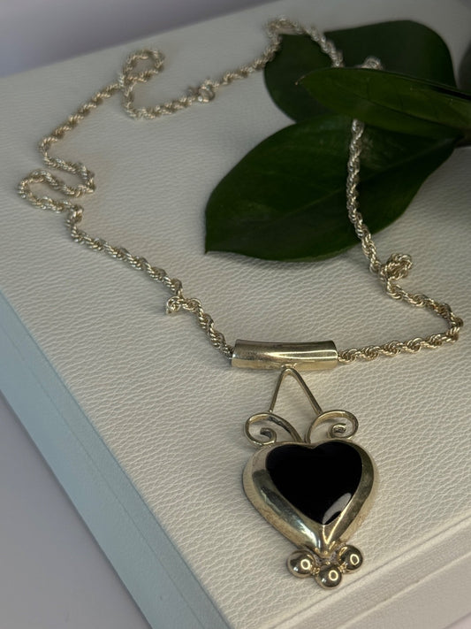 925 Sterling Silver Onyx Heart Necklace Length 24 Inch