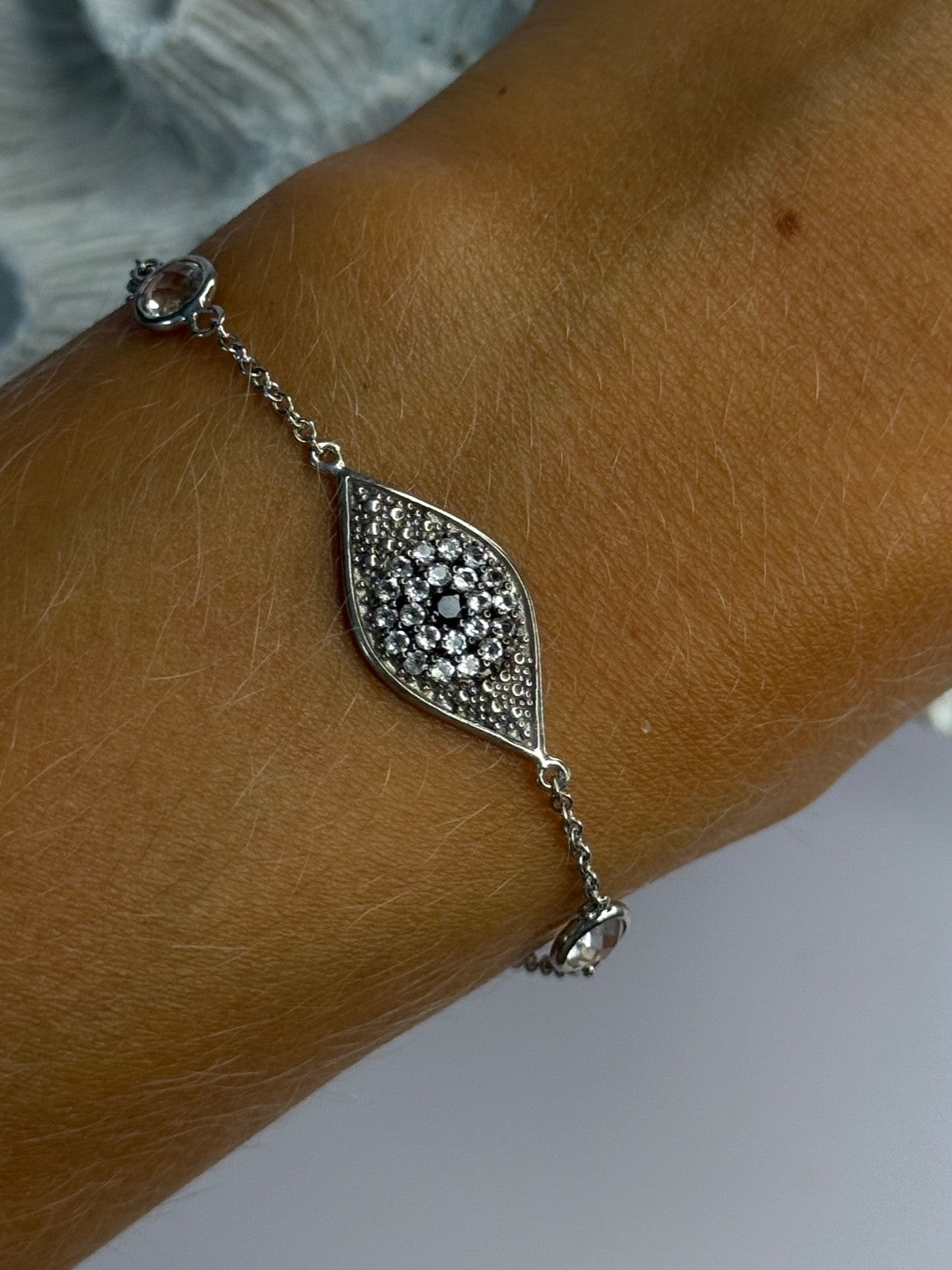 925 Sterling Silver Evil Eye Sapphire & Beryl Bracelet Length 6-7.5