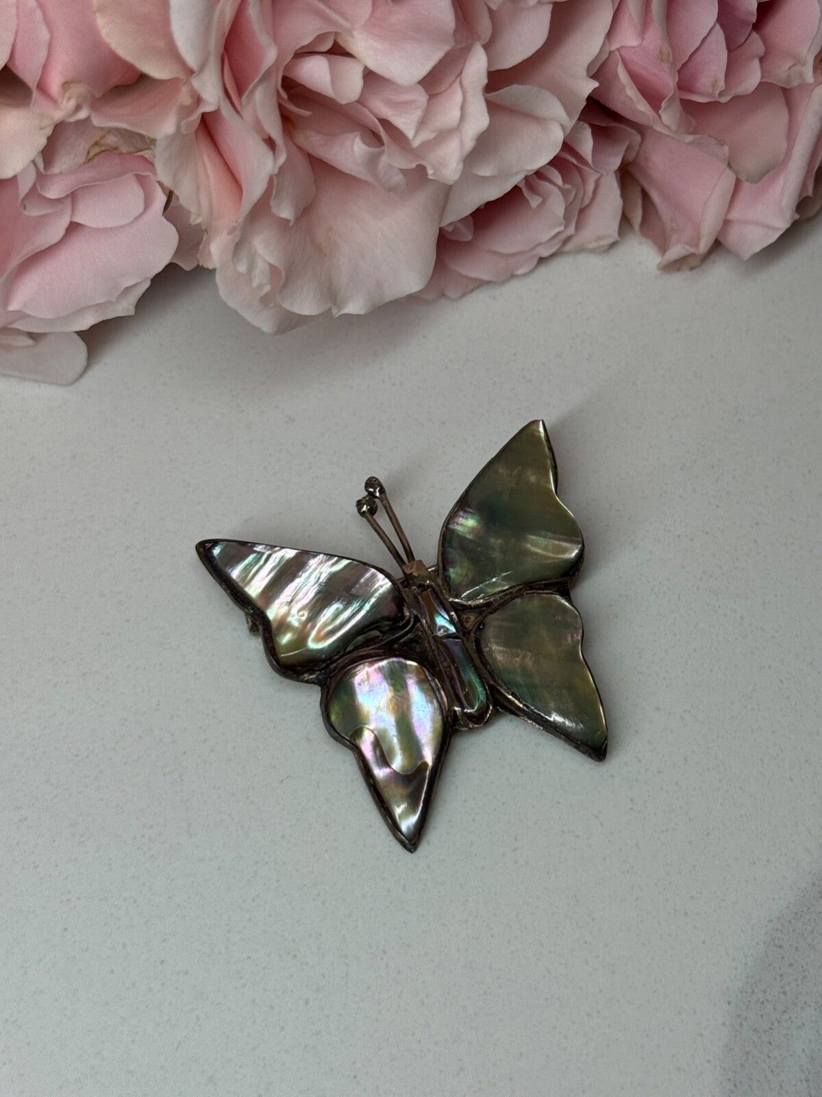 925 Sterling Silver Abalone Brooch Butterfly Length 1.5 In
