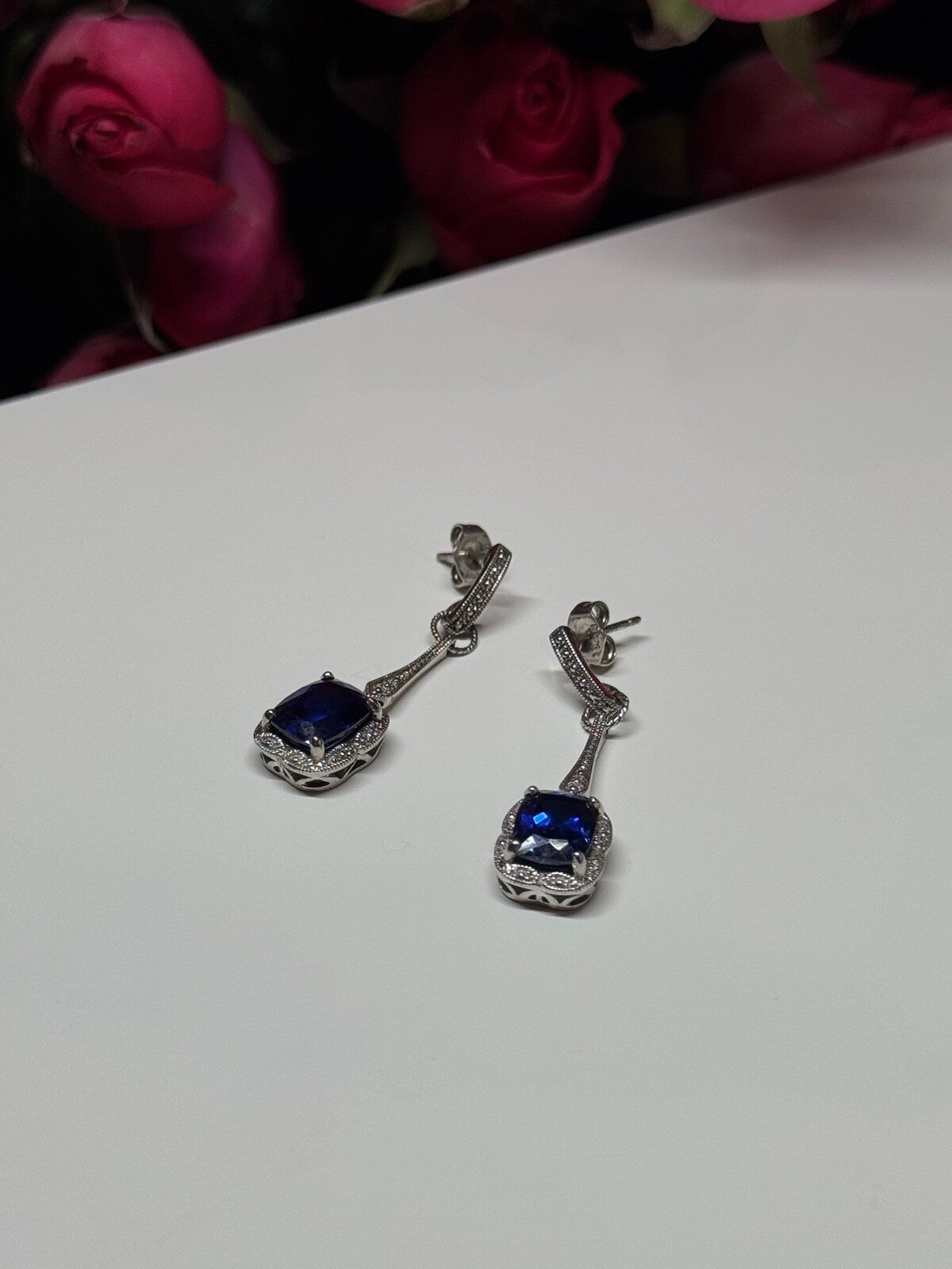 925 Sterling Silver Sapphire Earrings Length 1.5 Inch