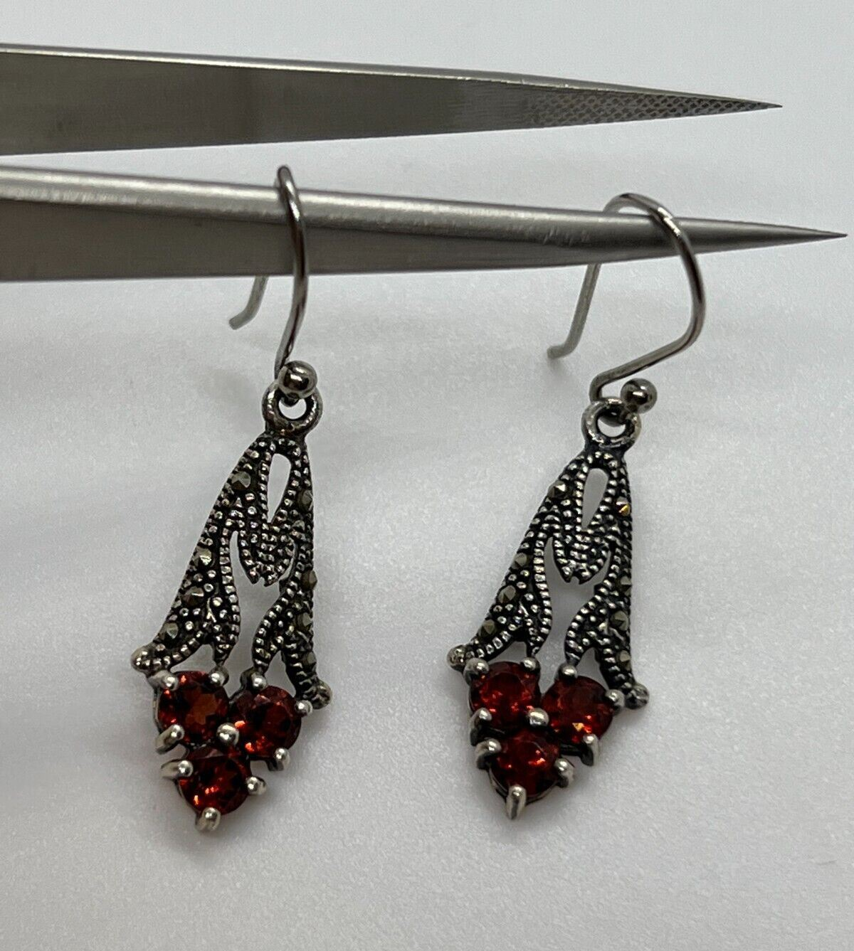 925 STERLING SILVER GARNET & MARCASITE EARRINGS