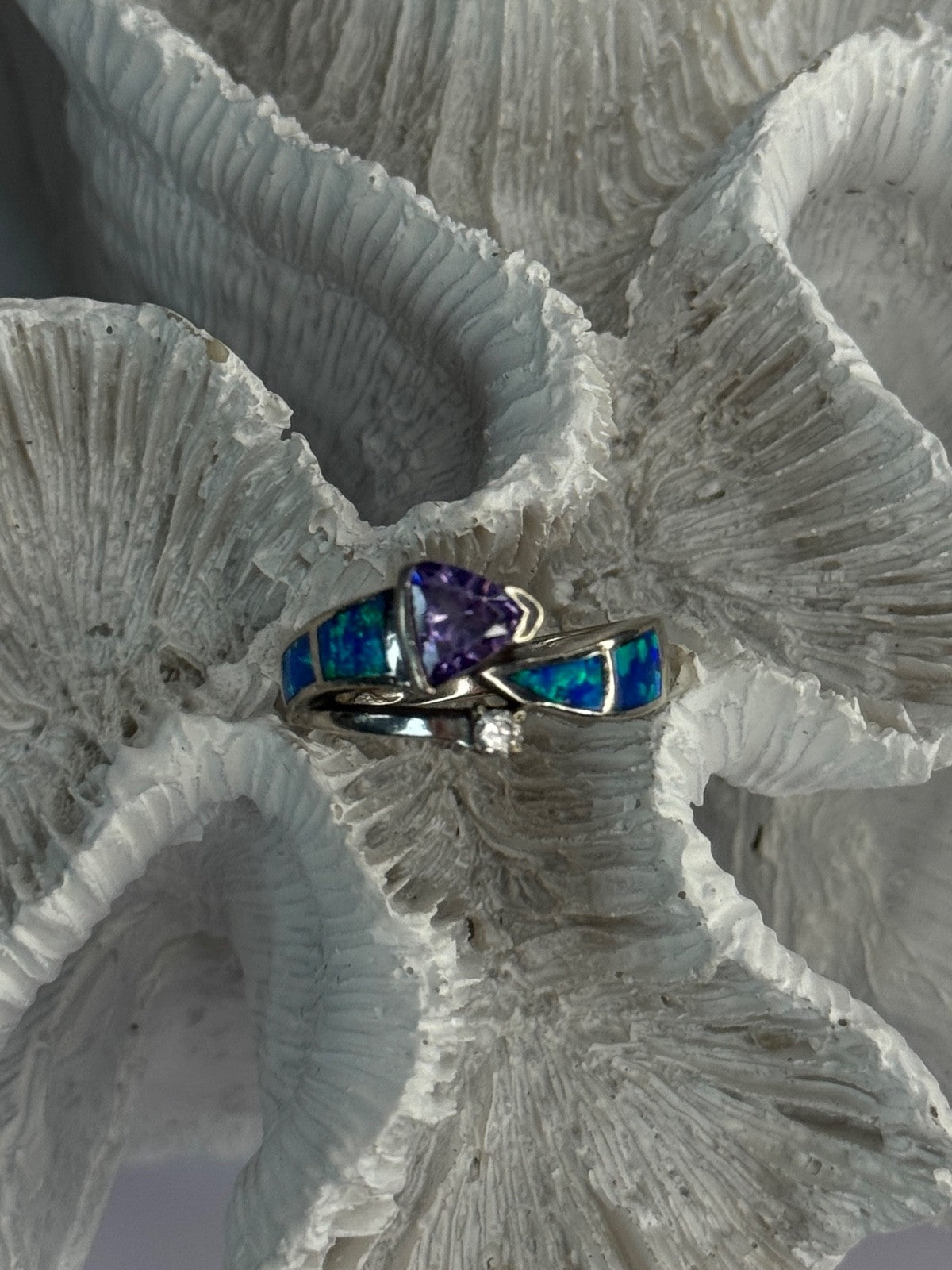 925 Sterling Silver Amethyst & Beryl & Opal Ring Size 7