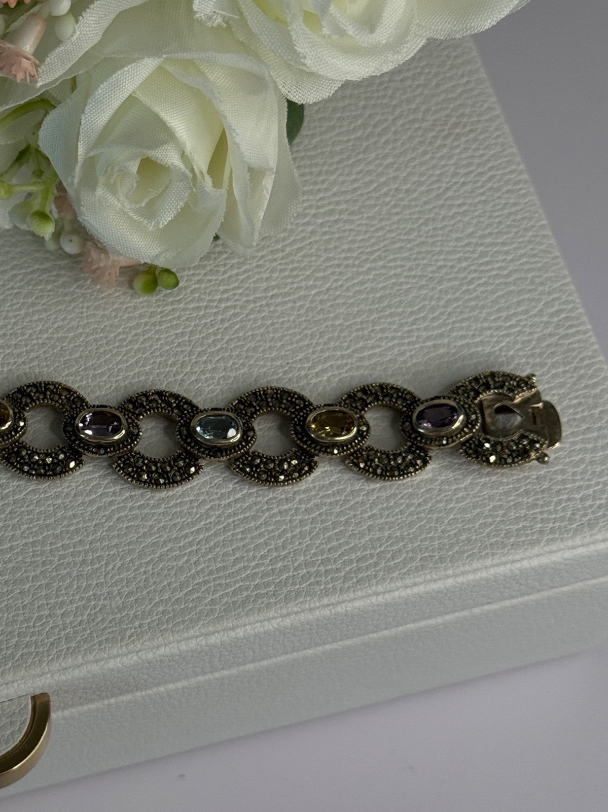 925 Sterling Silver Amethyst Citrine Topaz Marcasite Bracelet Length 7.5 Inch