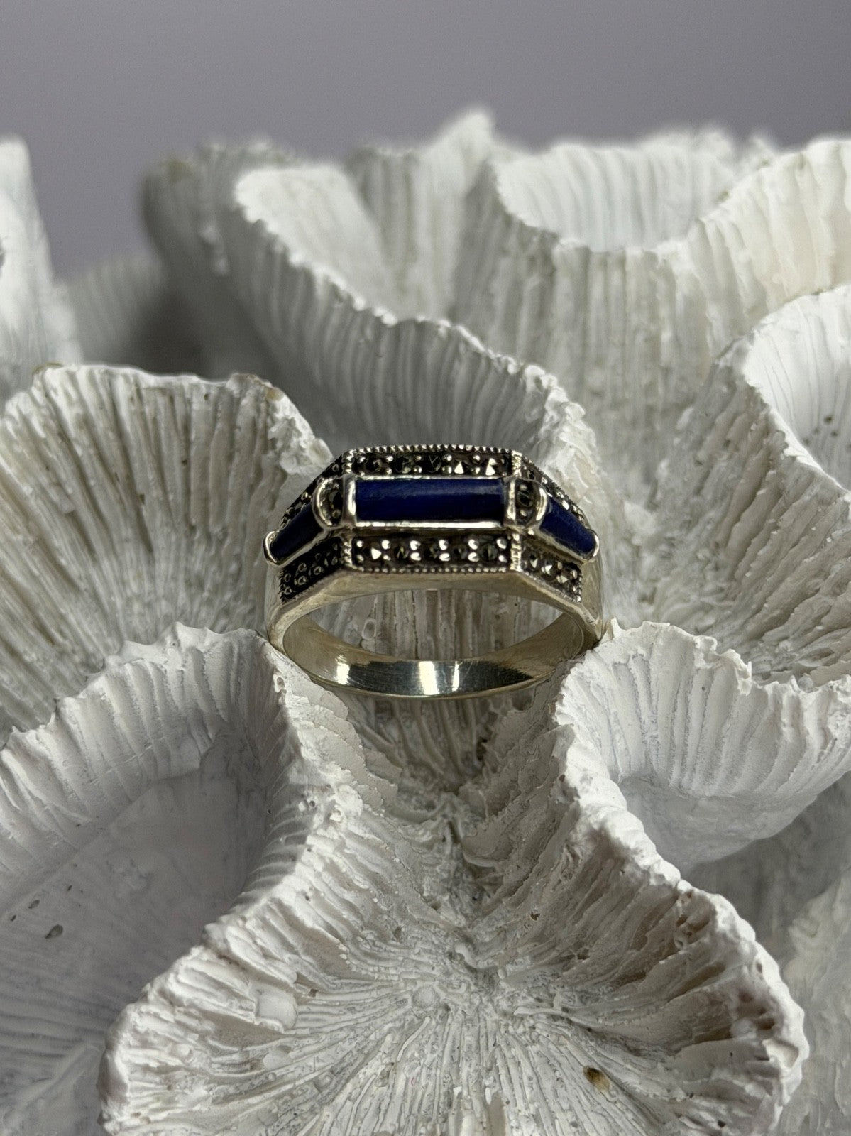 925 Sterling Silver Sodalite & Marcasite Ring Size 9