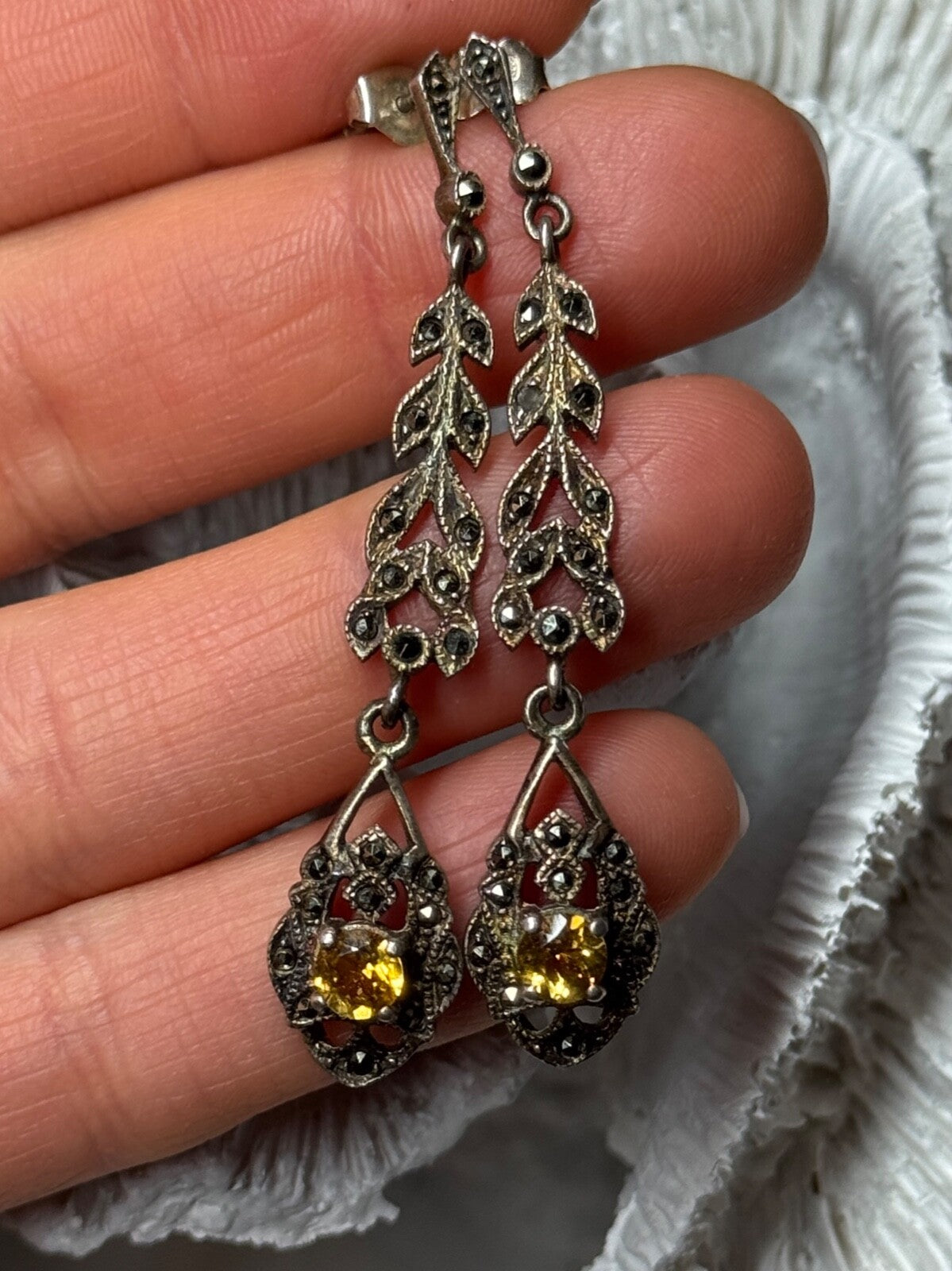 925 Sterling Silver Citrine & Marcasite Earrings Length 2.2 Inch