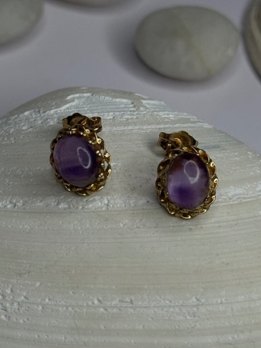 14K Yellow Gold Amethyst Stud Earrings Length 0.40 Inch