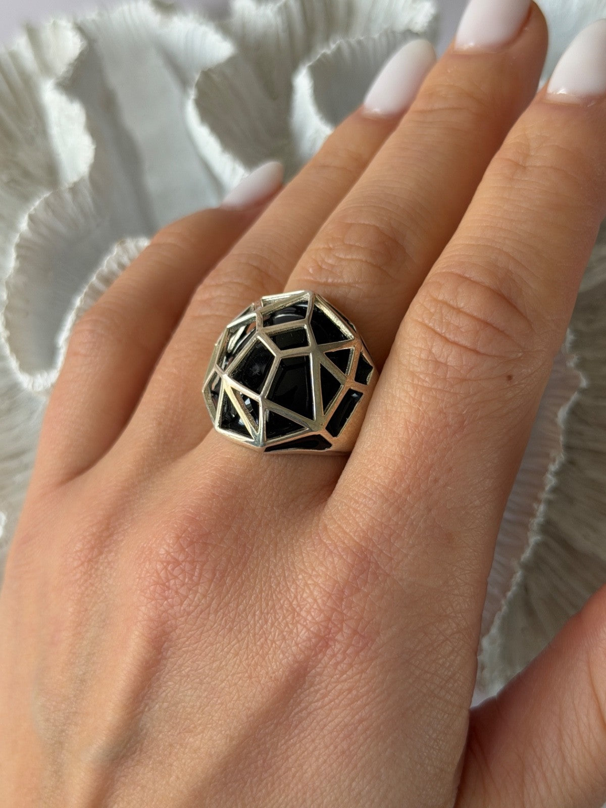 ARD Modernist 925 Sterling Silver Geometric Black Onyx Ring Size 8