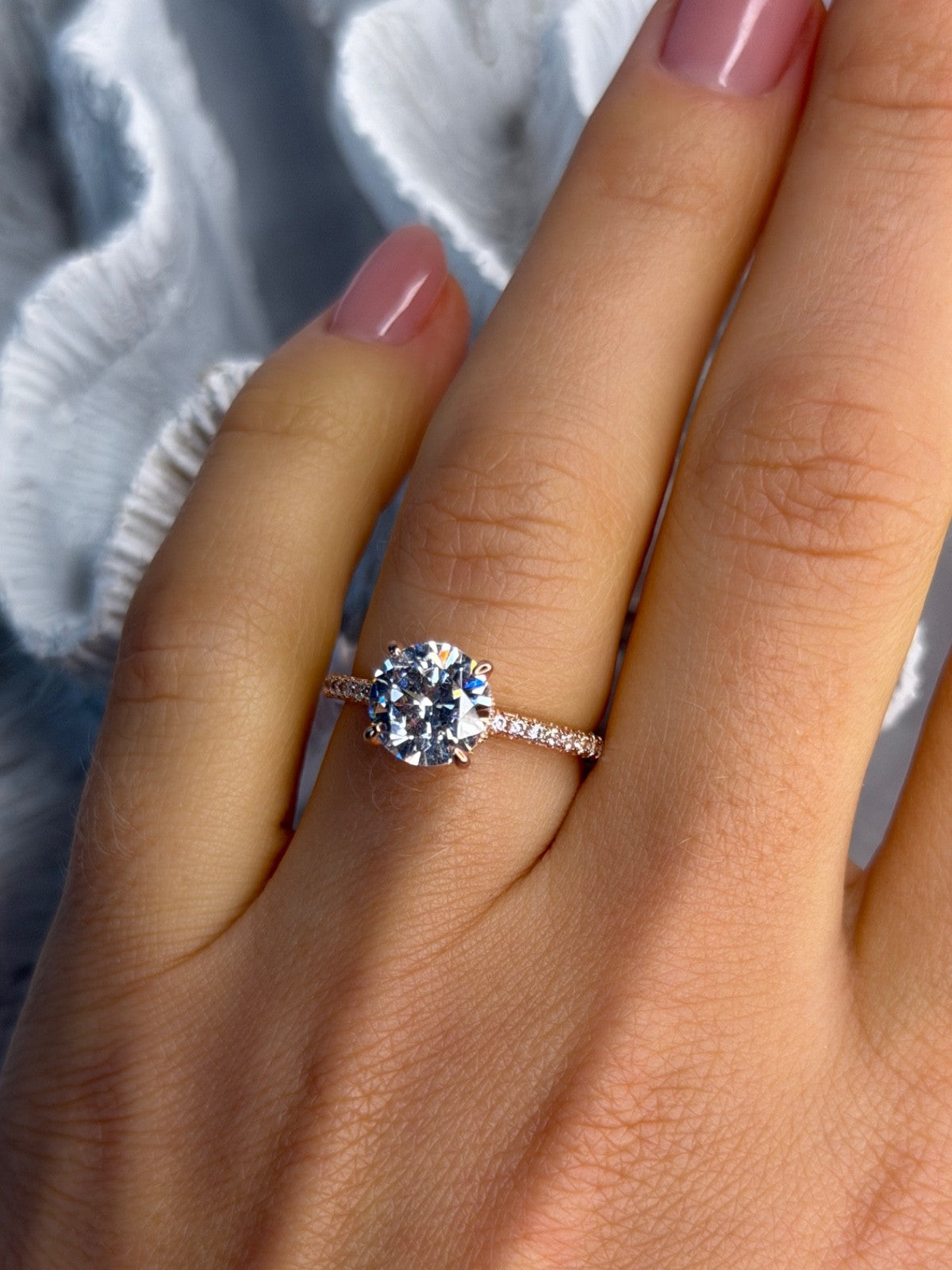AZL 925 Sterling Silver Rose Gold Plated Lab-Created Diamond Ring Size 7