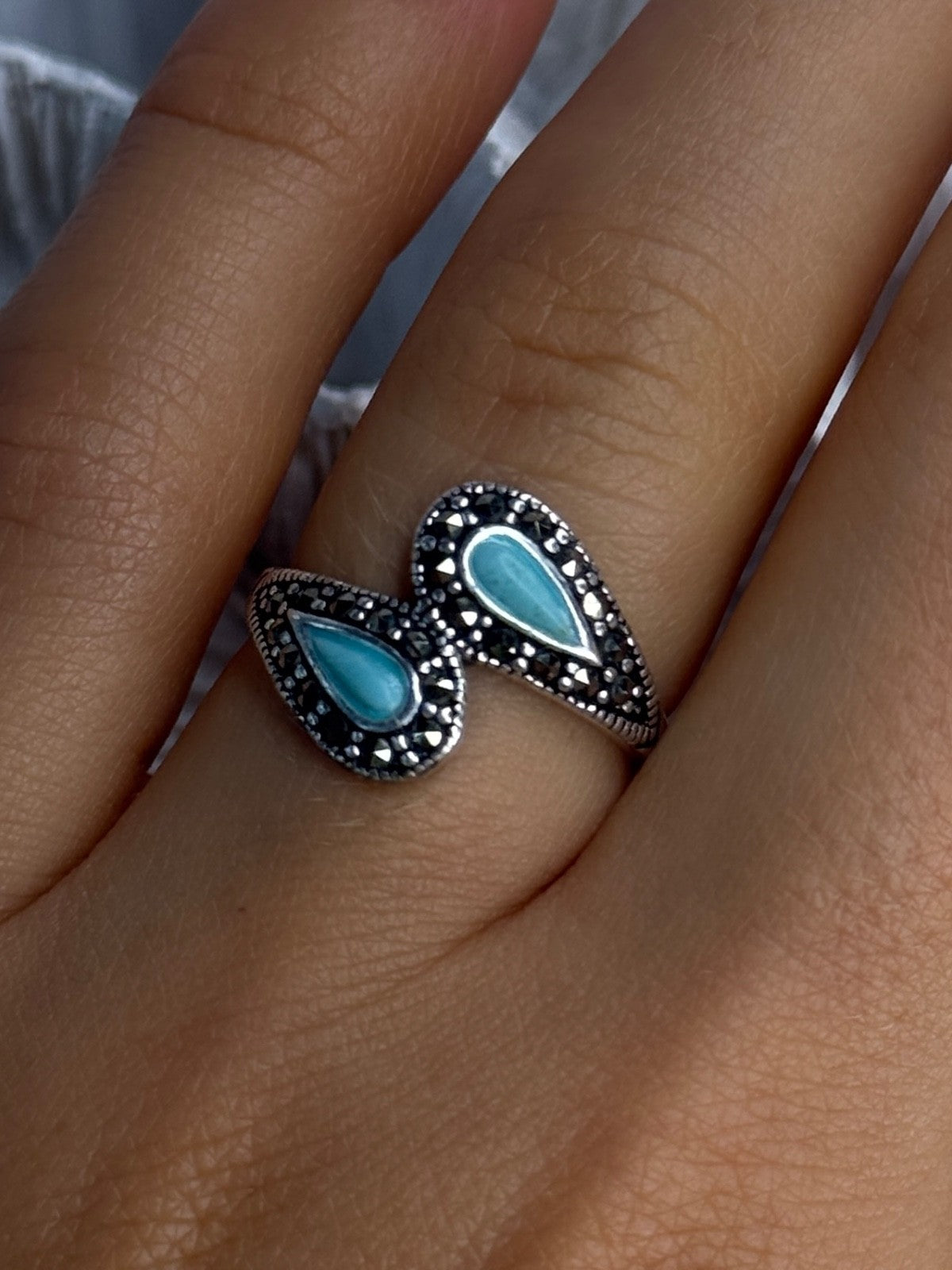 925 Sterling Silver Turquoise & Marcasite Ring Size 7