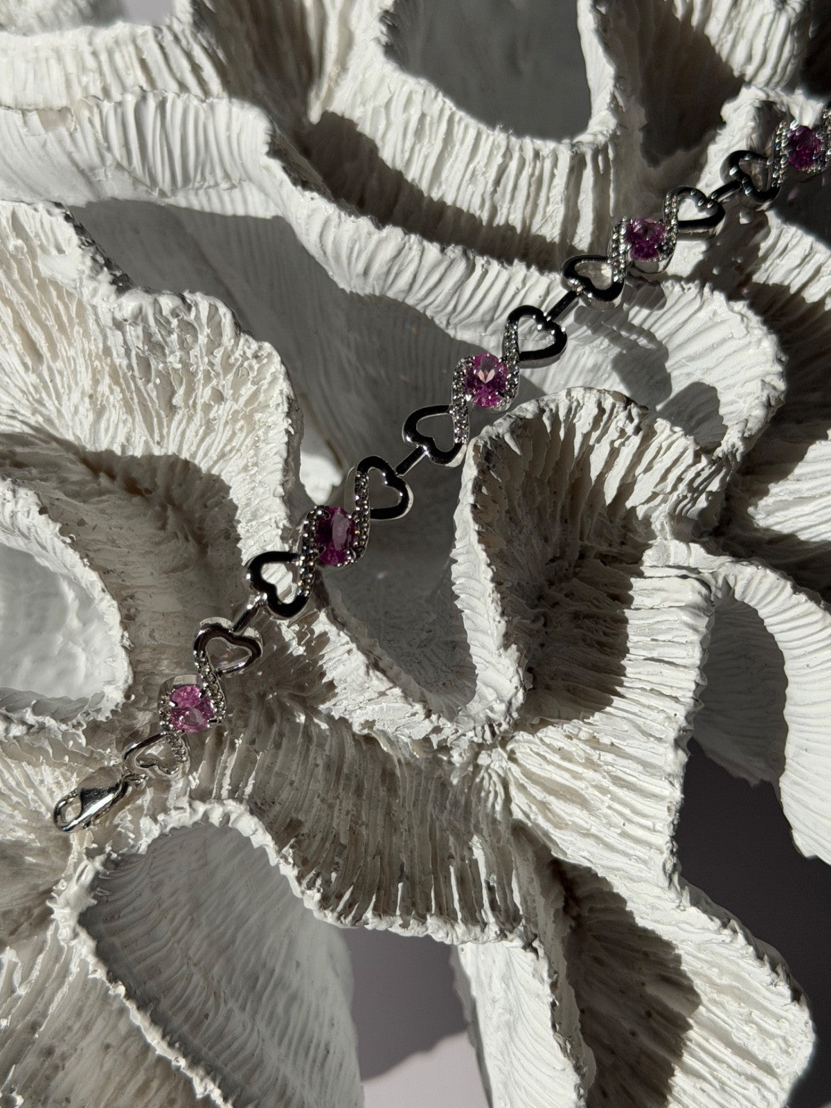 925 Sterling Silver Pink & White Spinel Heart Bracelet