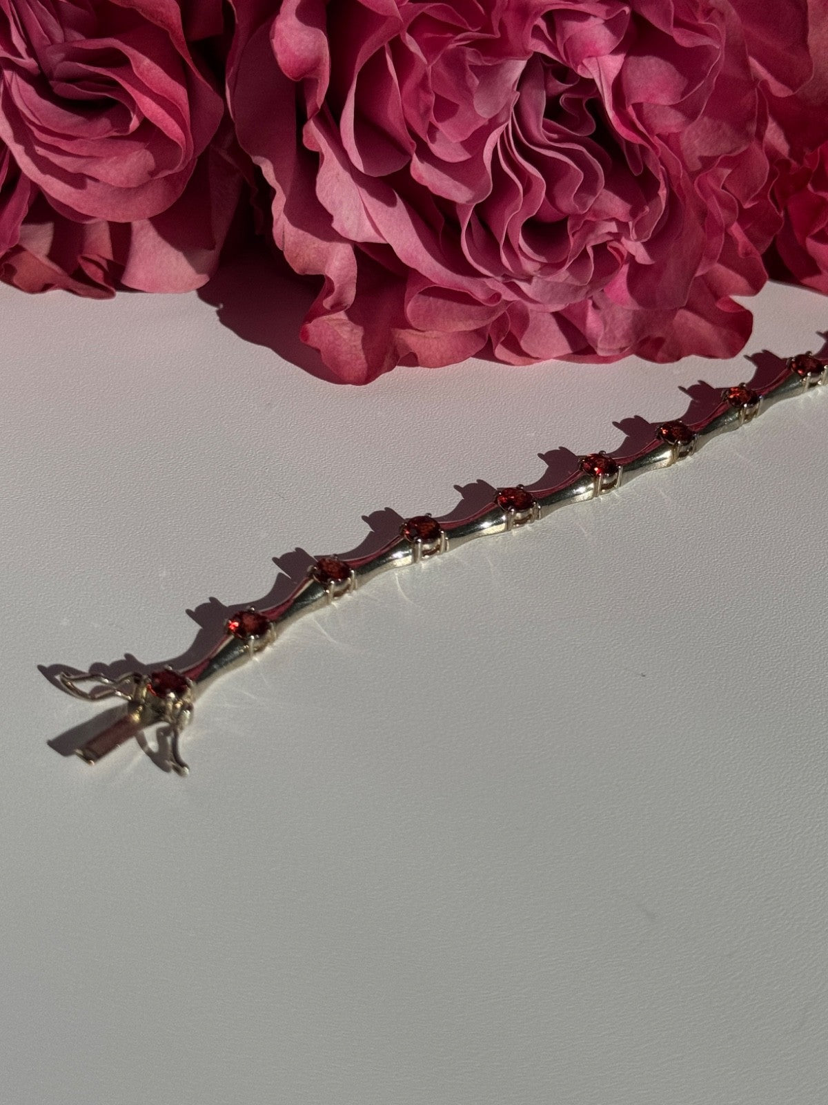 925 Sterling Silver Garnet Bracelet 7 Inch